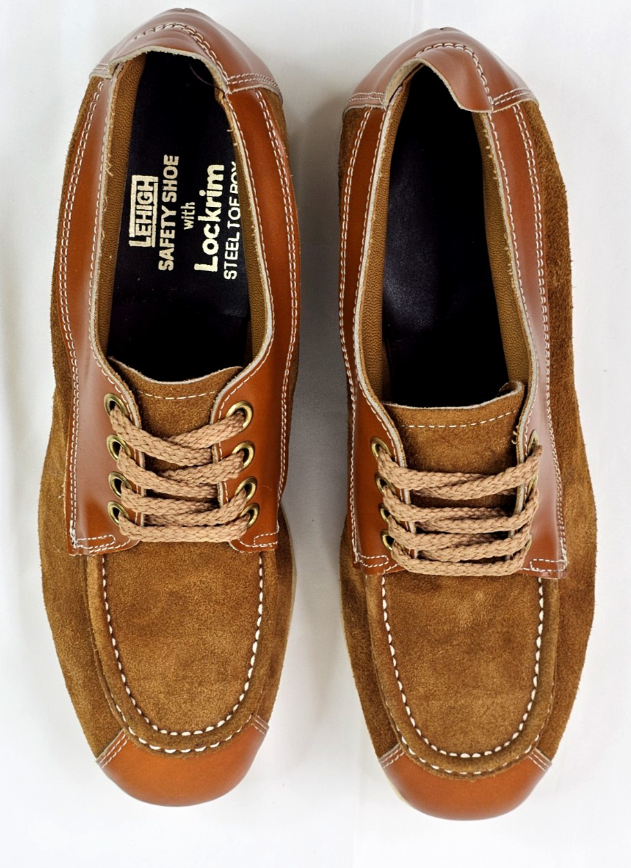 Lehigh Safety Shoe w Lockrim Steel Toe Box Men 9.5M, 2-Tone Tan Suede Leather