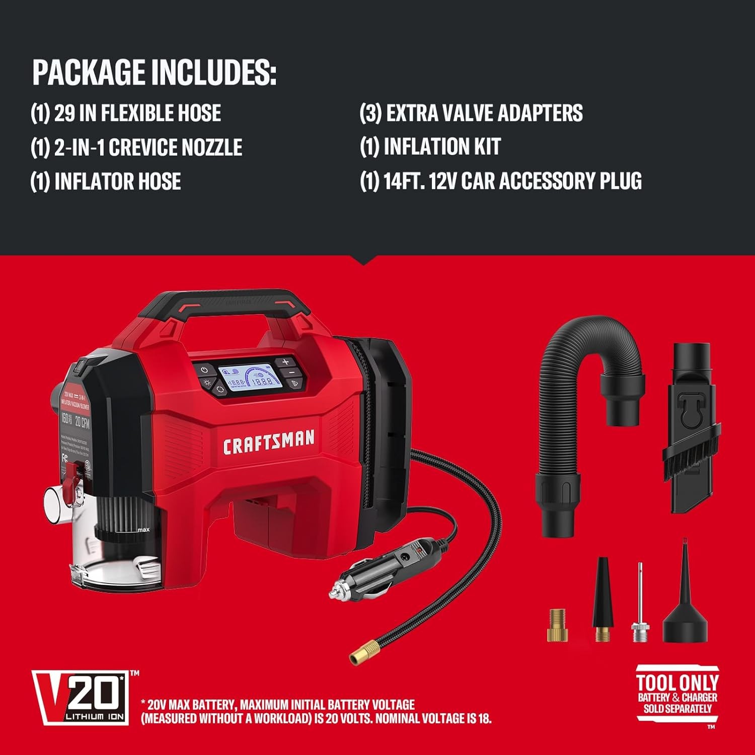 CRAFTSMAN 3-in-1 Tire Inflator, 160PSI Portable Air Compressor/Car Vacuum/Dust B