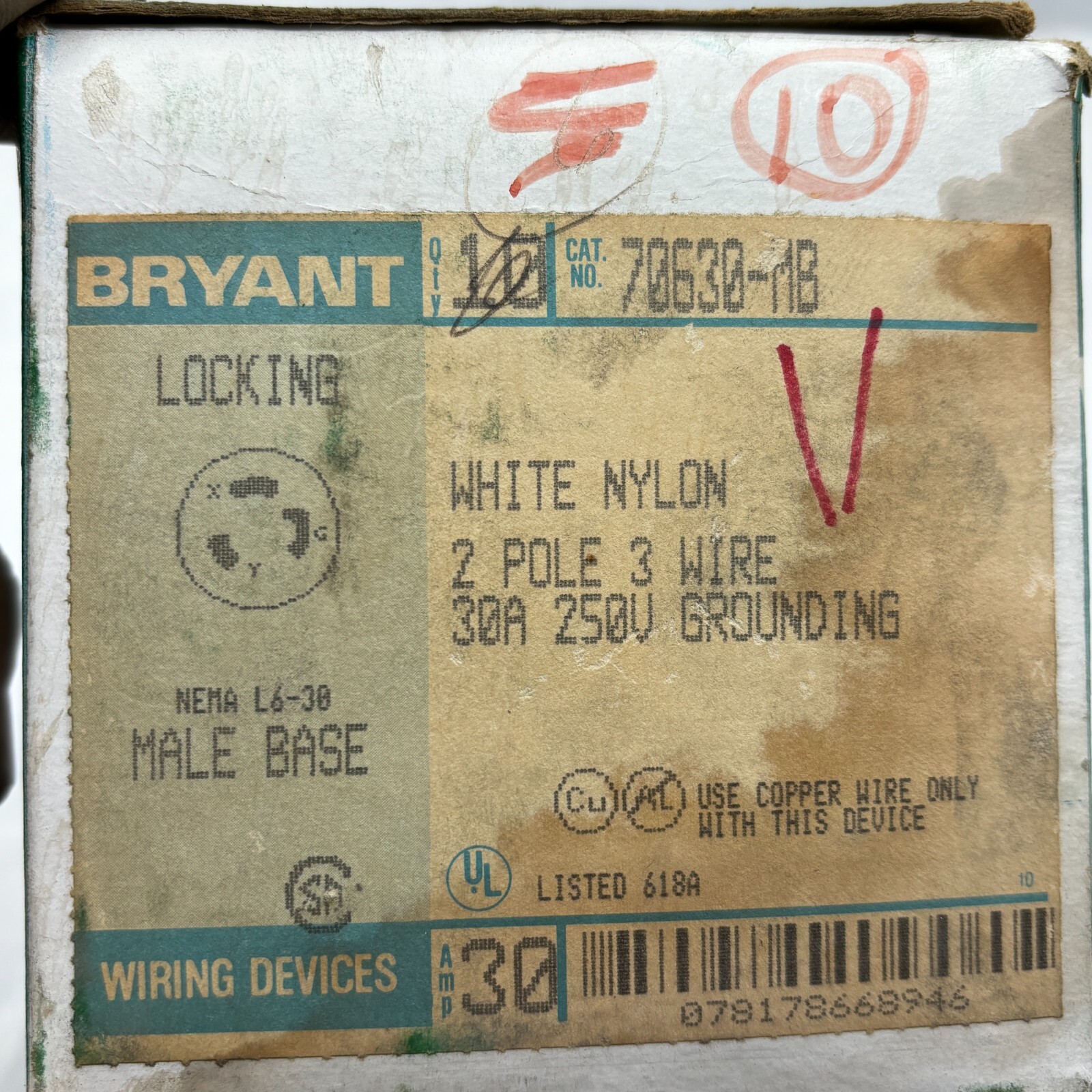BRYANT 70630-MB Locking Male Base Plug Nylon 2 Pole 3 Wire 30A 250V L6-30 ⭐