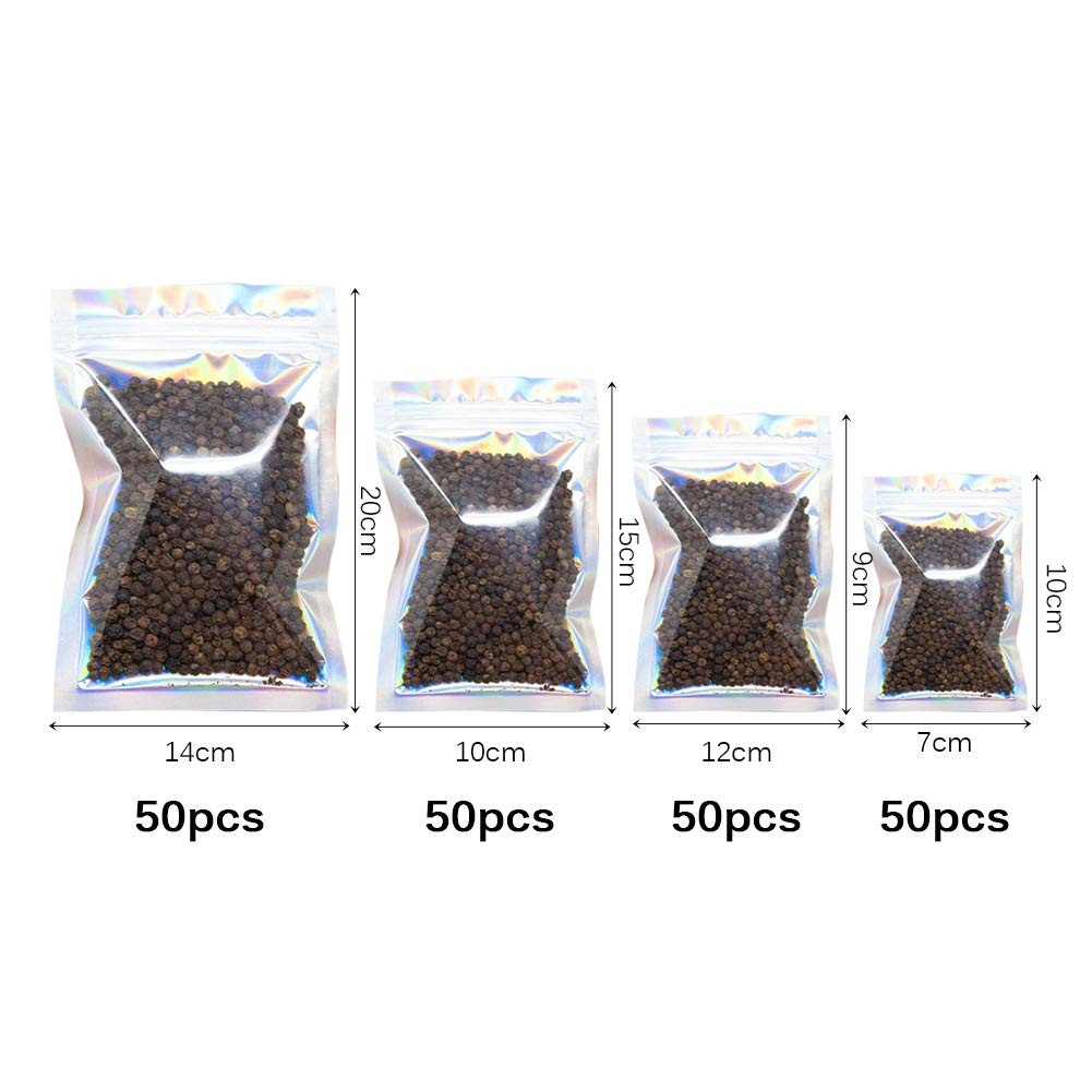 200 Pack Holographic Colored Foil Bags, 4 Sizes, Reusable, Multicolor…