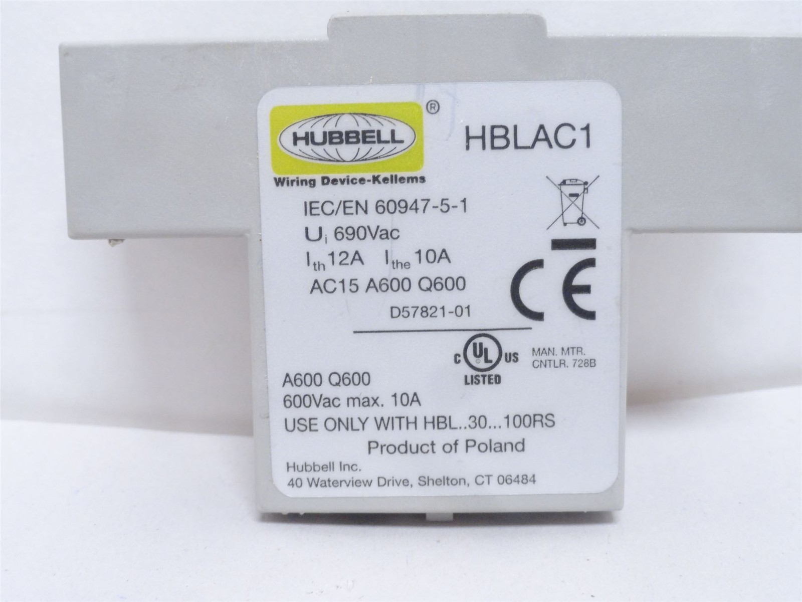 244277 New-No Box; Hubbell HBLAC1 Aux Contact; 1-NO; 1-NC; 10 Amp; 600VAC
