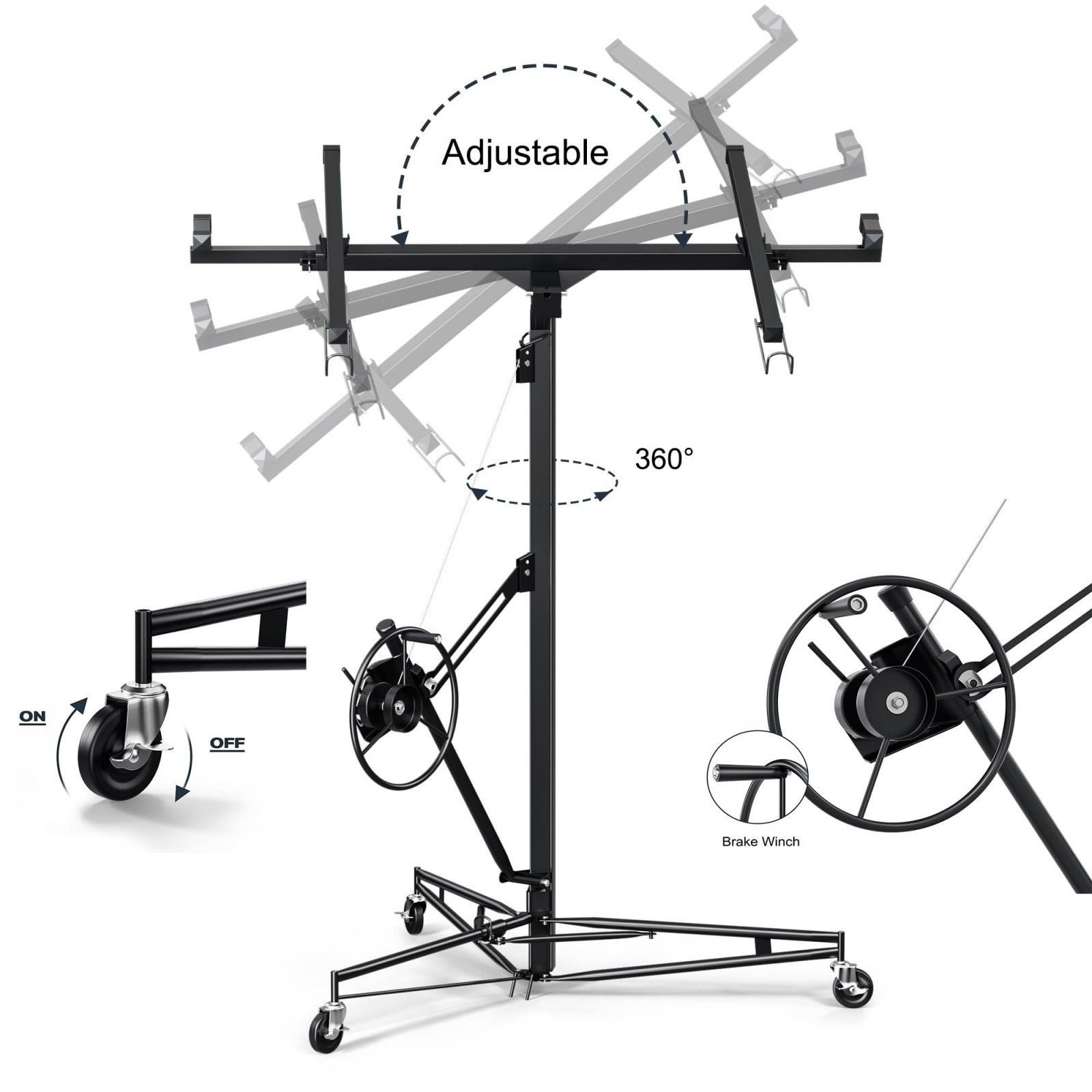 150LB Drywall Lift 11FT Heavy-Duty Winch 4-16FT Telescoping Ceiling Hoist Black