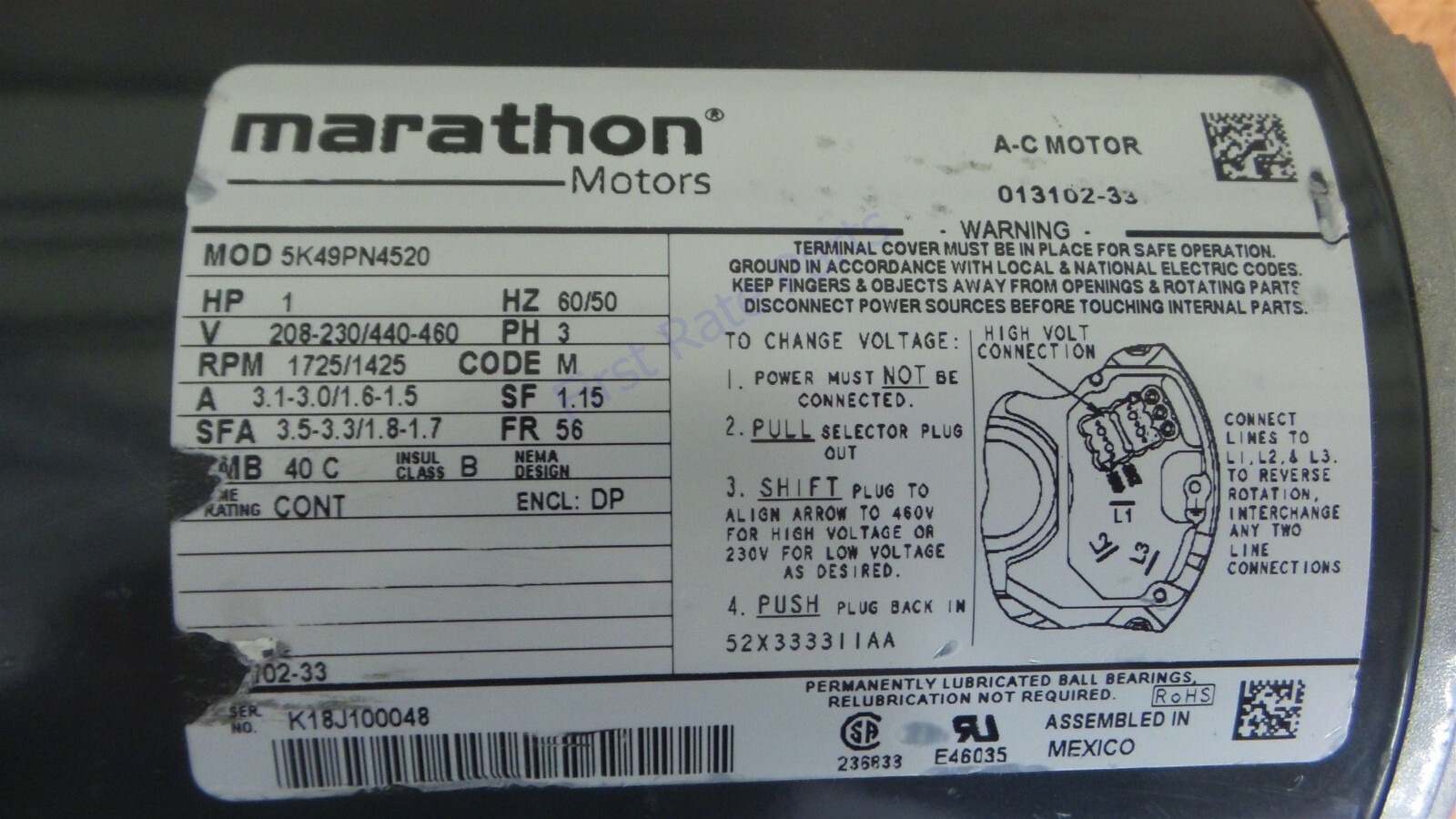 Taylor 013102-33 Motor Soft Serve C602 Marathon 5K49PN4520 336 337 702 772 C723