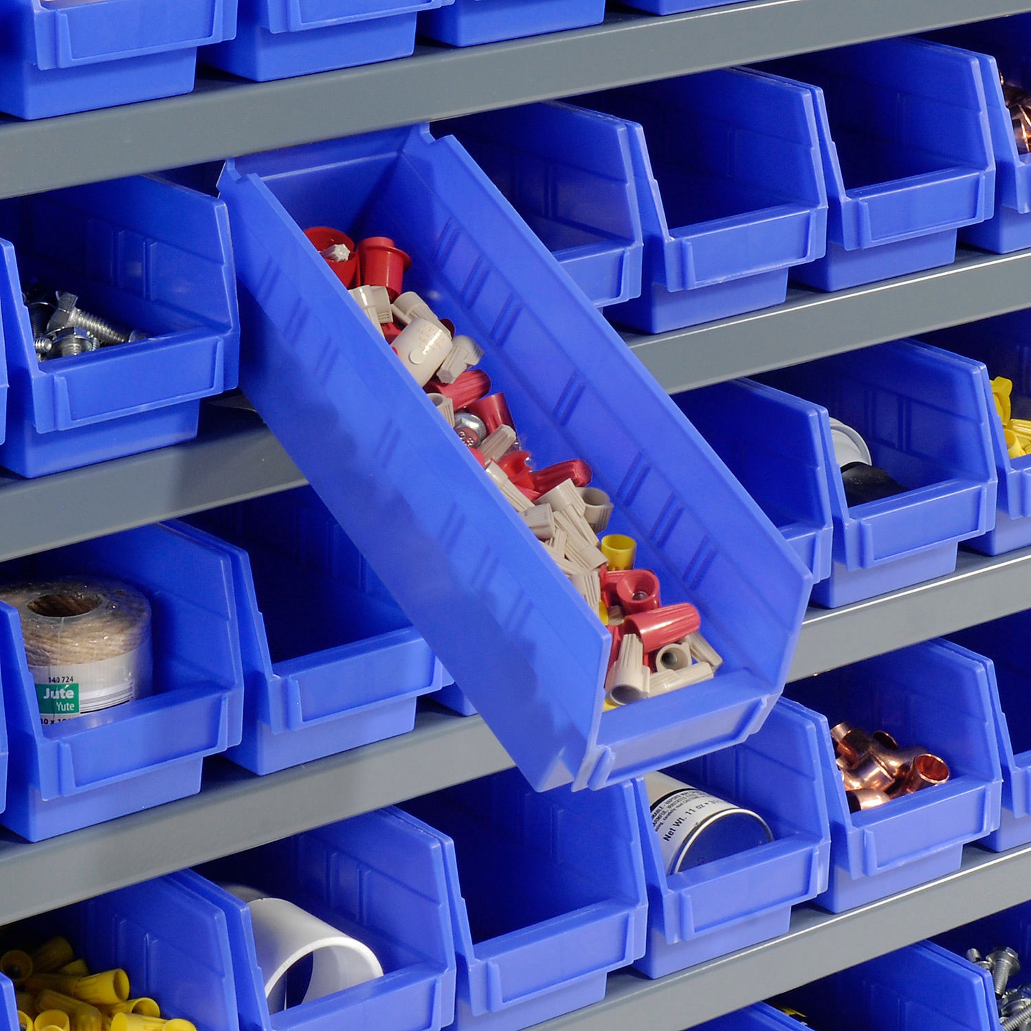 7 Shelf Steel Shelving with (48) 4″H Plastic Shelf Bins Blue 36x12x39