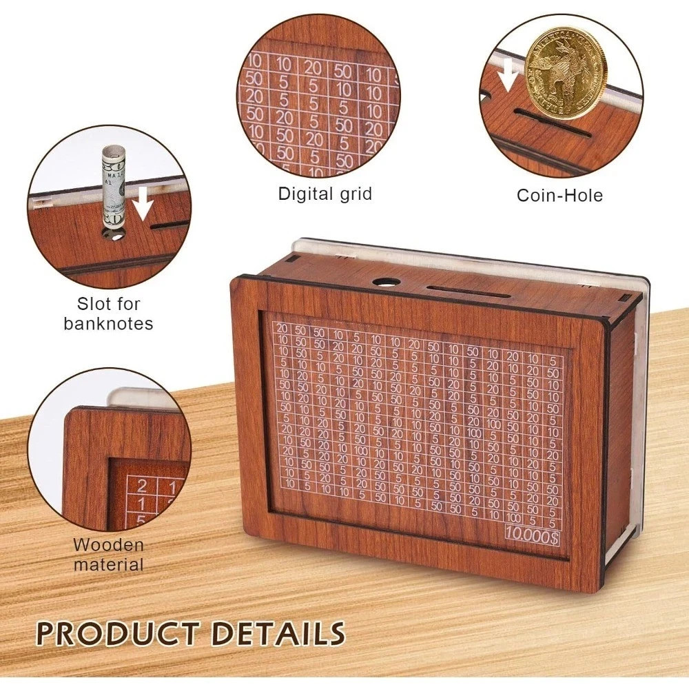 $10000 Money Saving Challenge Box Cash Vault Wooden Savings Box Cash Saver