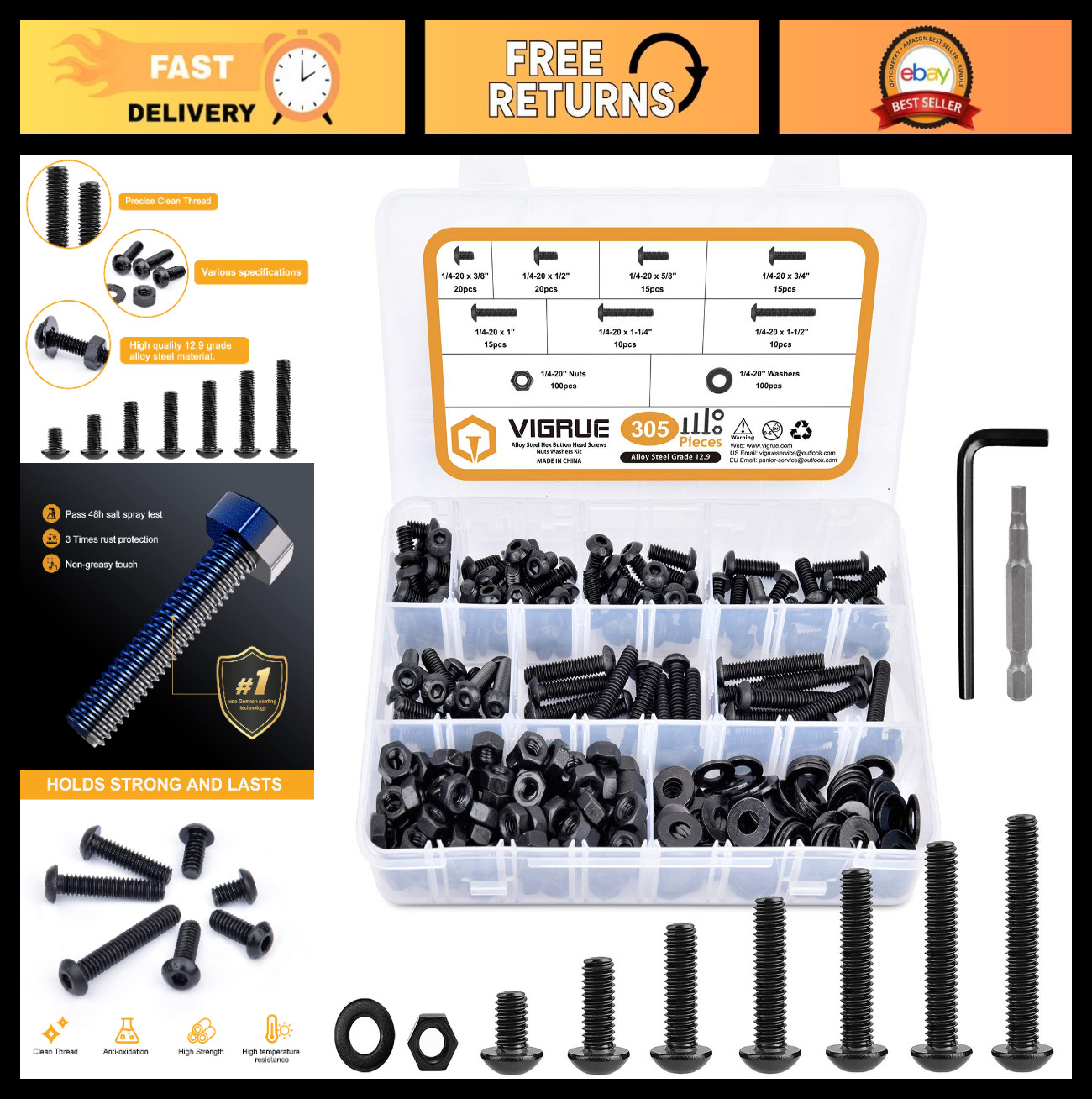 305Pcs 1/4-20 Bolt Nut Assortment Kit, Black Socket Cap Screws, Washers, Class 1