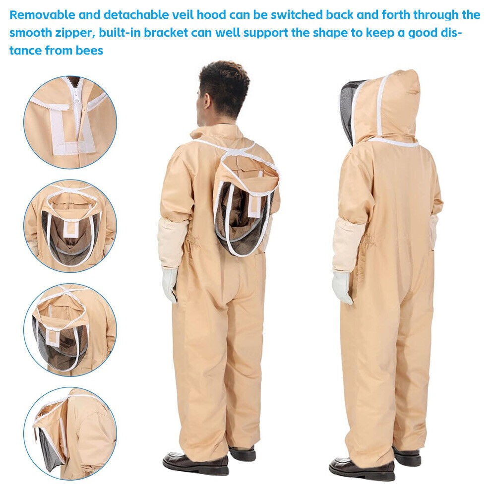XXL Full Body Anti-bee Suit Cotton Beekeeping Clothing w/Veil Hood&Gloves Unisex