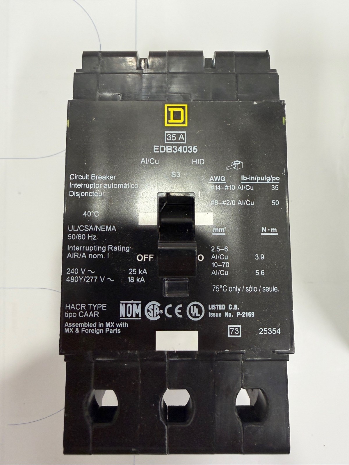 SQUARE D EDB34035 BREAKER BOLT IN 35AMP 3POLE 480Y/277VOLT AC (NEW-NOT IN BOX)