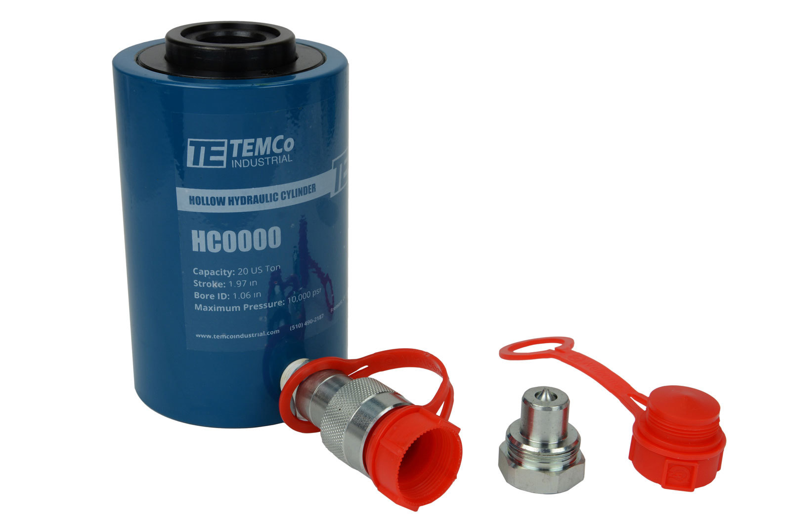 TEMCo Hollow Hydraulic Cylinder Ram 20 TON 2 In Stroke 5 YEAR Warranty