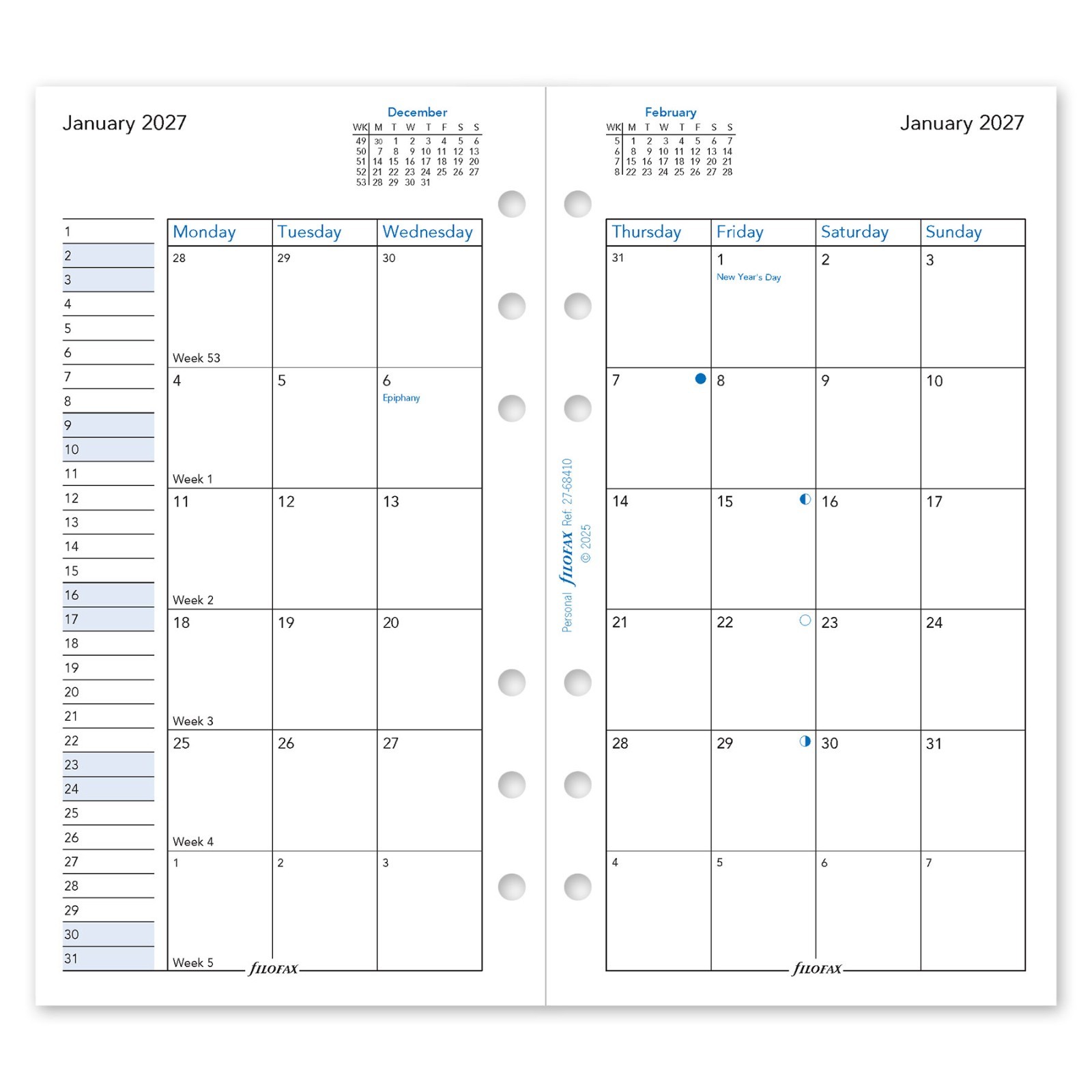 2025 Filofax Personal Size Refill 25-68410 Month on Two Pages, 95mm x 171mm