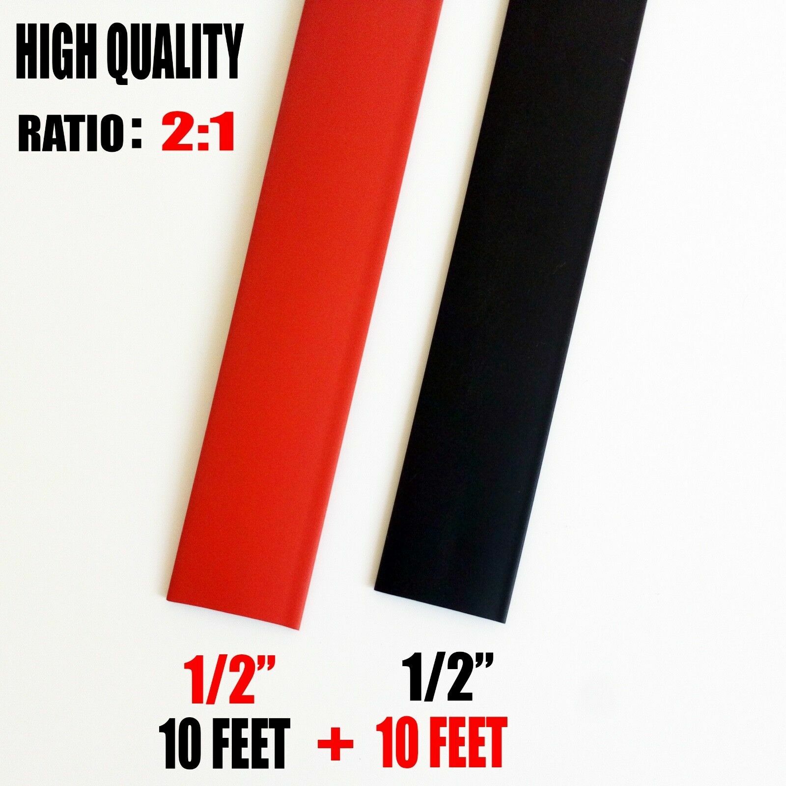 20 Feet 10′ BLACK & 10 RED1/2″ 1/2 inch Polyolefin 2:1 Heat Shrink Tubing