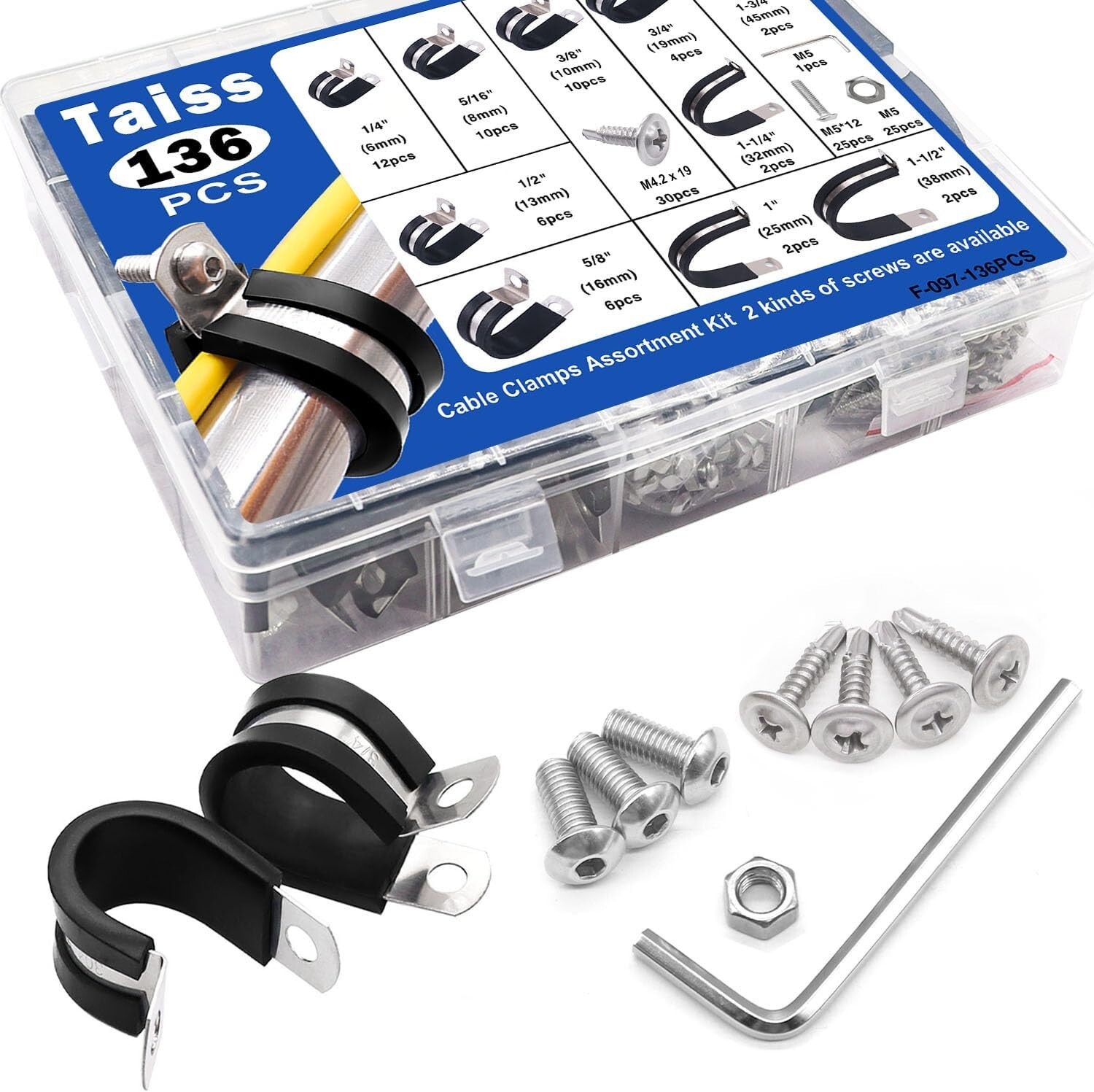136PCS Cable Clamps Assortment Kit,10 Sizes 304 Stainless Steel Rubber Cushion