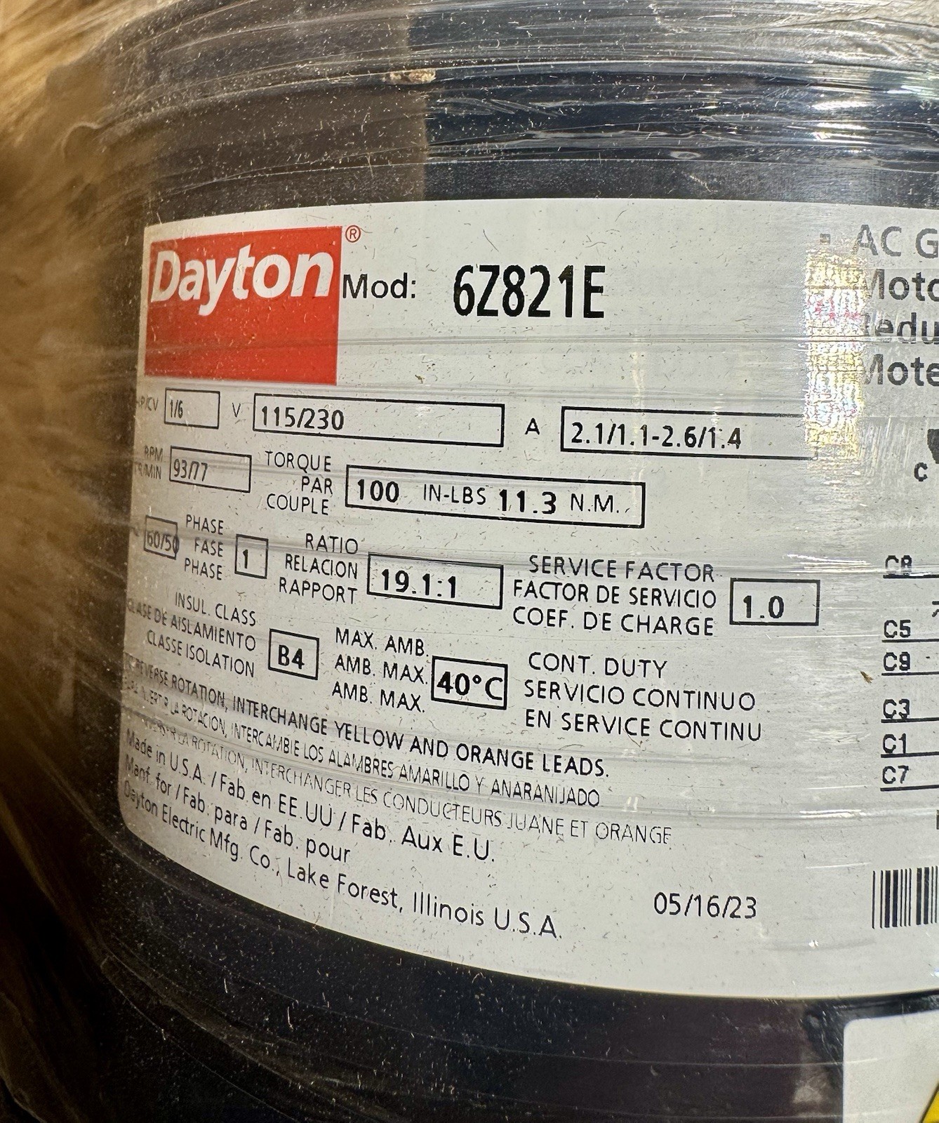 Dayton 6Z821 Parallel Gearmotor 19:1, 115/230V AC, 100 in-lb, 6Z821C