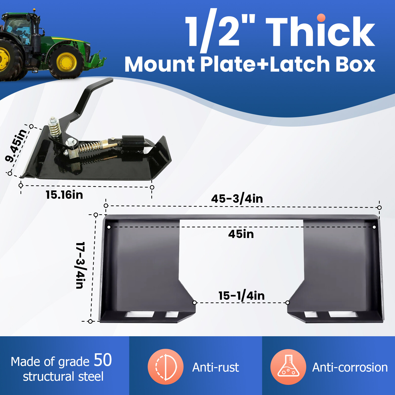 1/2″ HD Skid Steer Quick Tach Attachment Mount Plate & Conversion Adapter Latch