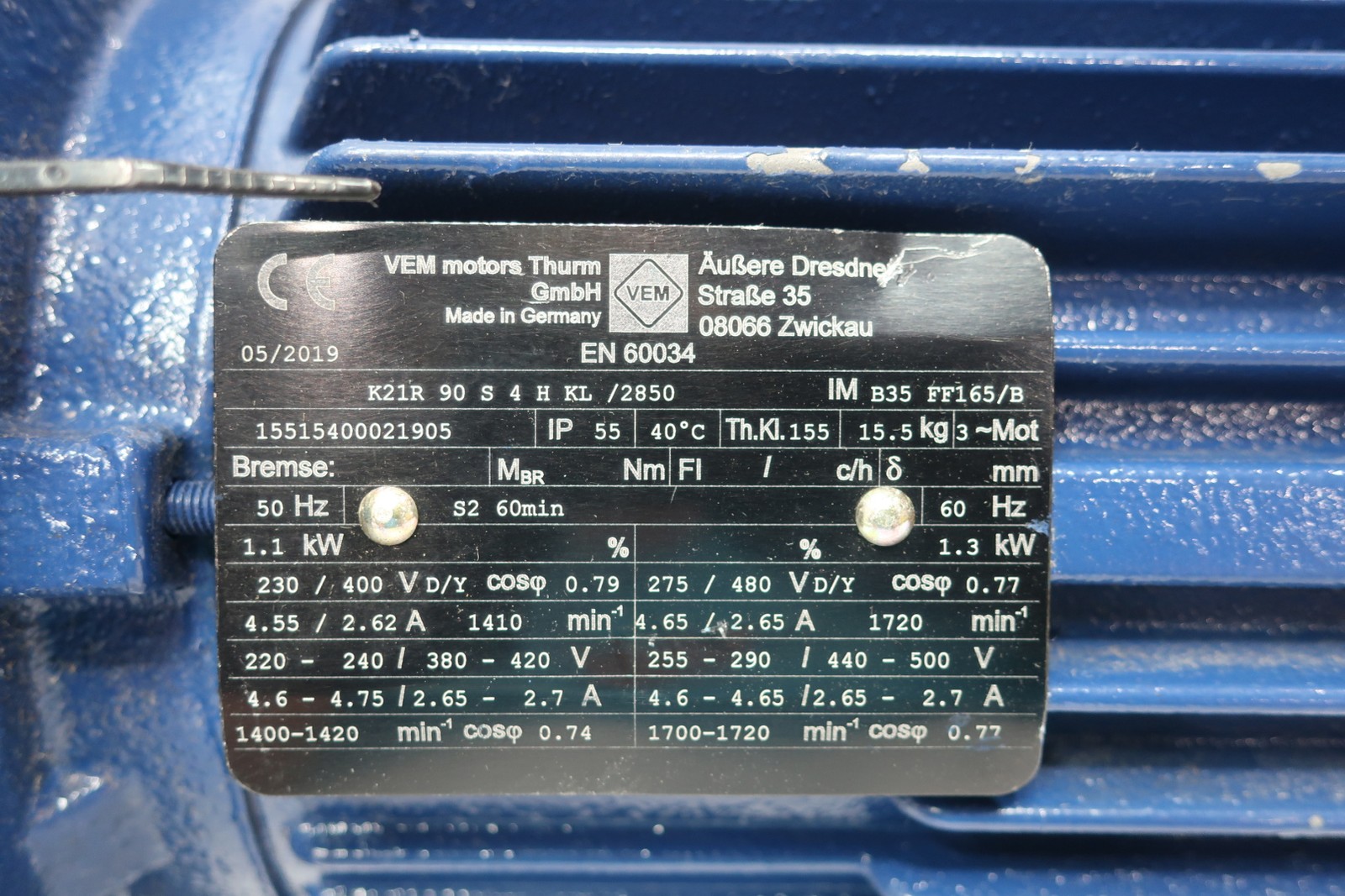 Vem K21R90S4HKL/2850 Ac Motor 1.3kw 1720rpm 480v-ac 3ph
