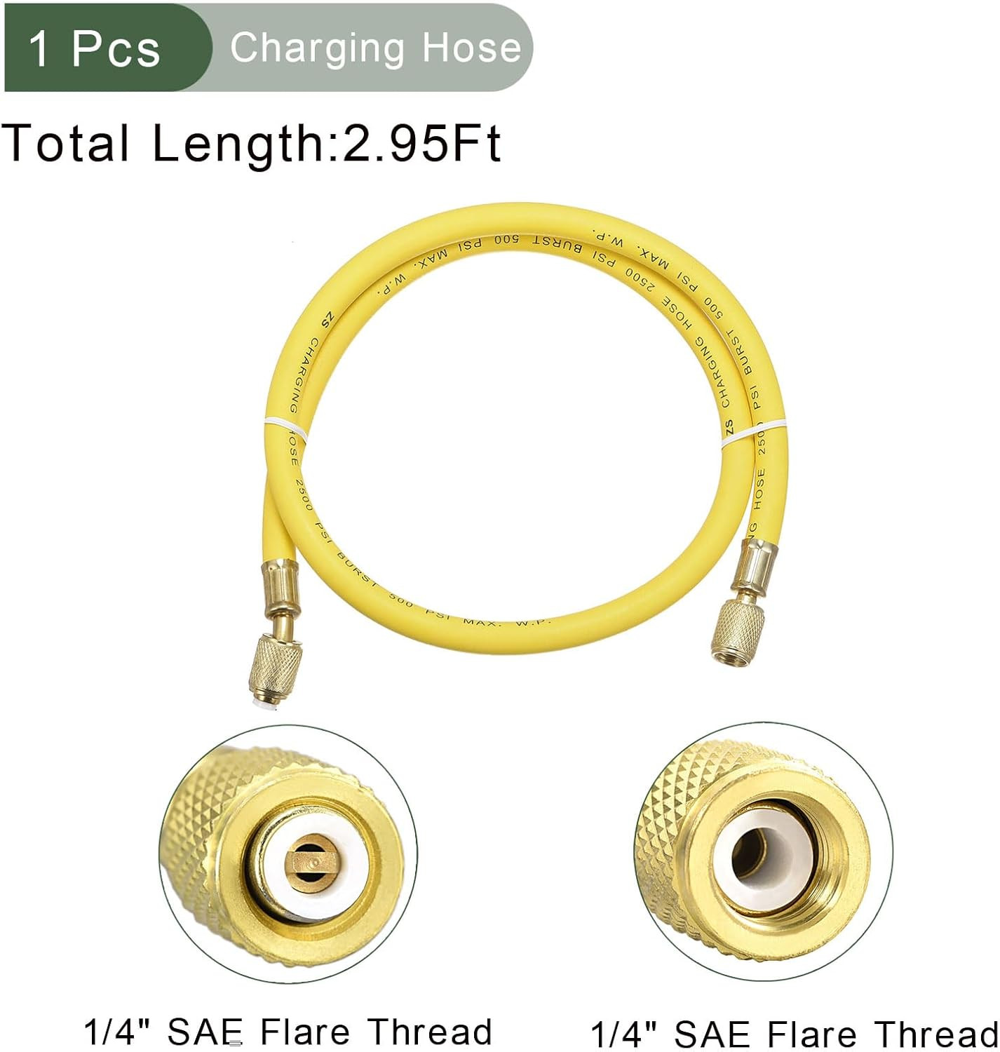 1/4 SAE Flare AC Refrigerant Charging Hoses 2.95Ft Length 500PSI Thread Yellow