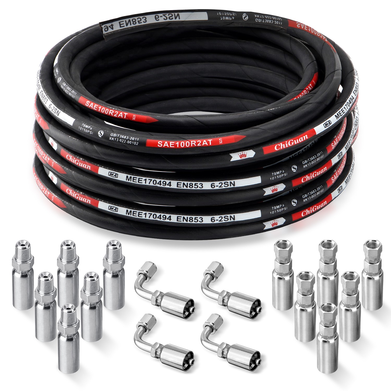 50FT 1/4″ Hydraulic Hose w/ 16 Fittings (JIC Female & NPTF Male & JIC Female 90°