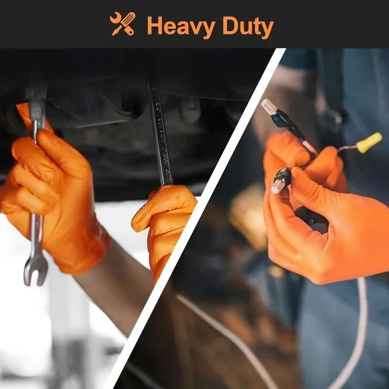 8 Mil Heavy Duty Orange Nitrile Gloves Diamond Textured Disposable Work Mechanic