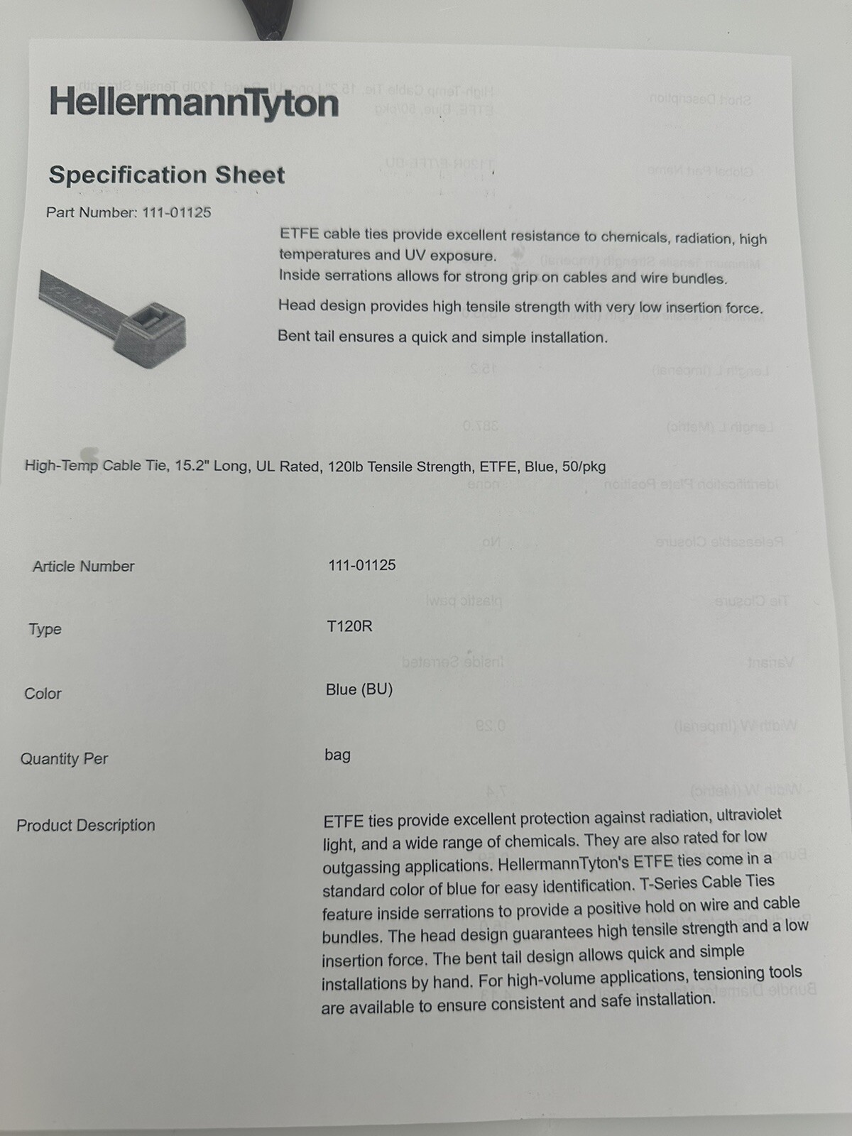 HellermannTyton 111-01125 HighTemp Cable Tie T120R-TZ Blue ETFE 15.2″ 5/PKG NEW