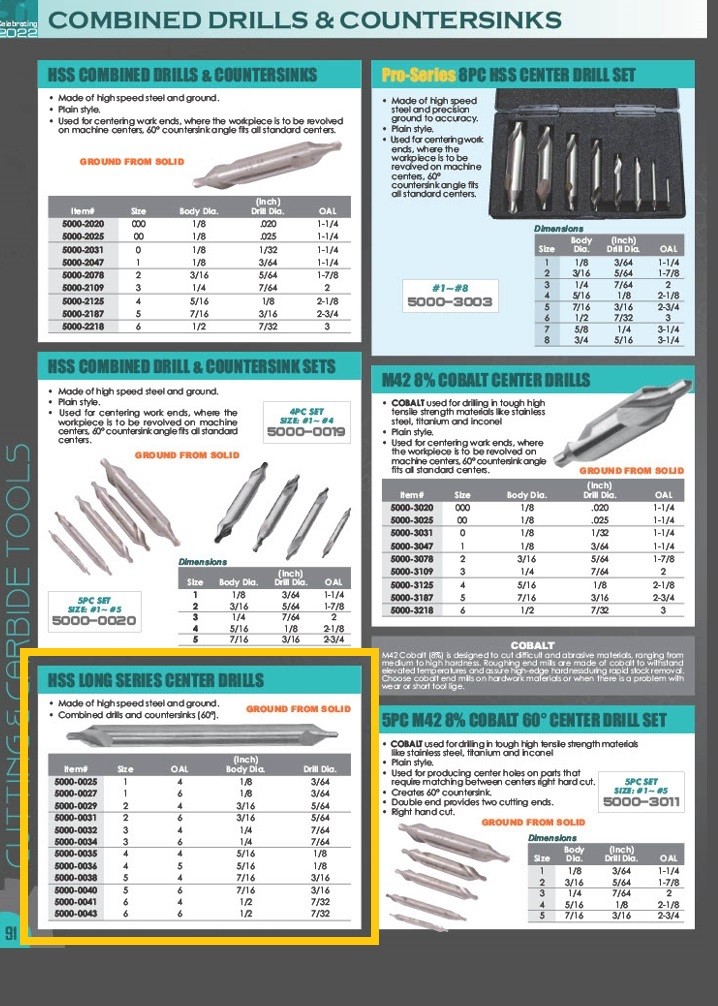 #5 X 6″ HIGH SPEED STEEL CENTER DRILL & COUNTERSINK (5000-0040)