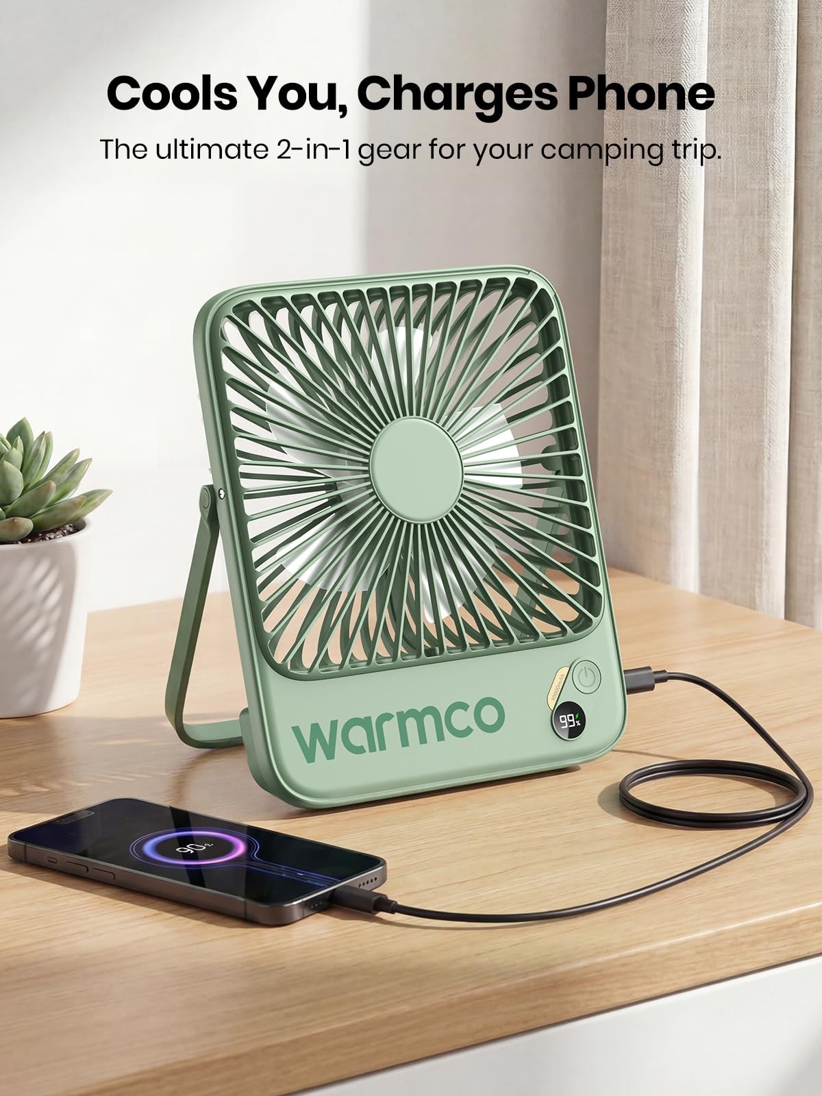 Warmco 10000mAh Portable Travel Fan 7-inch, 1.6″D x 7.0″W x 8.4″H, Sage Green