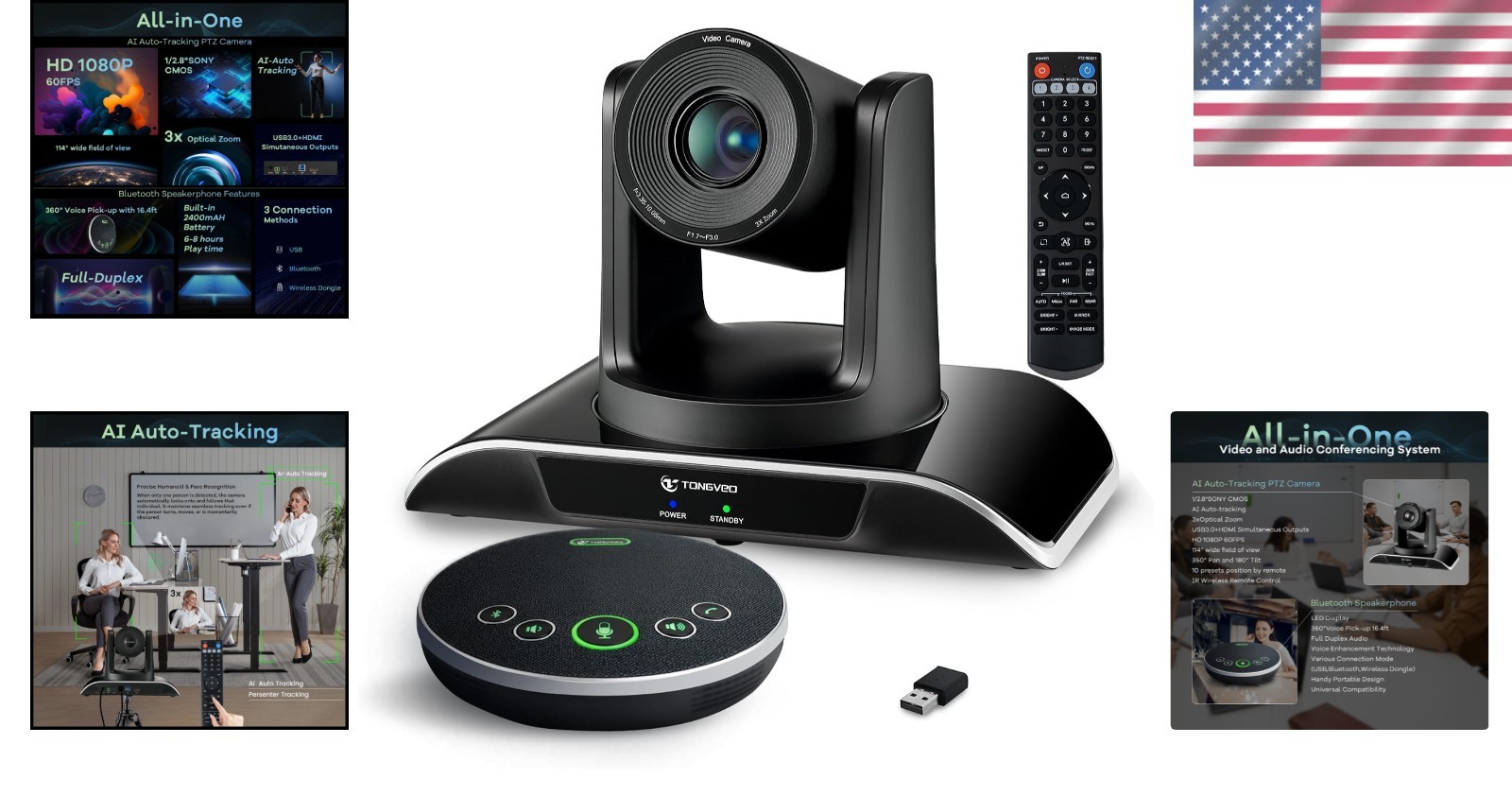 All-in-One AI Auto-Tracking HD Conference Camera and Bluetooth Speaker System