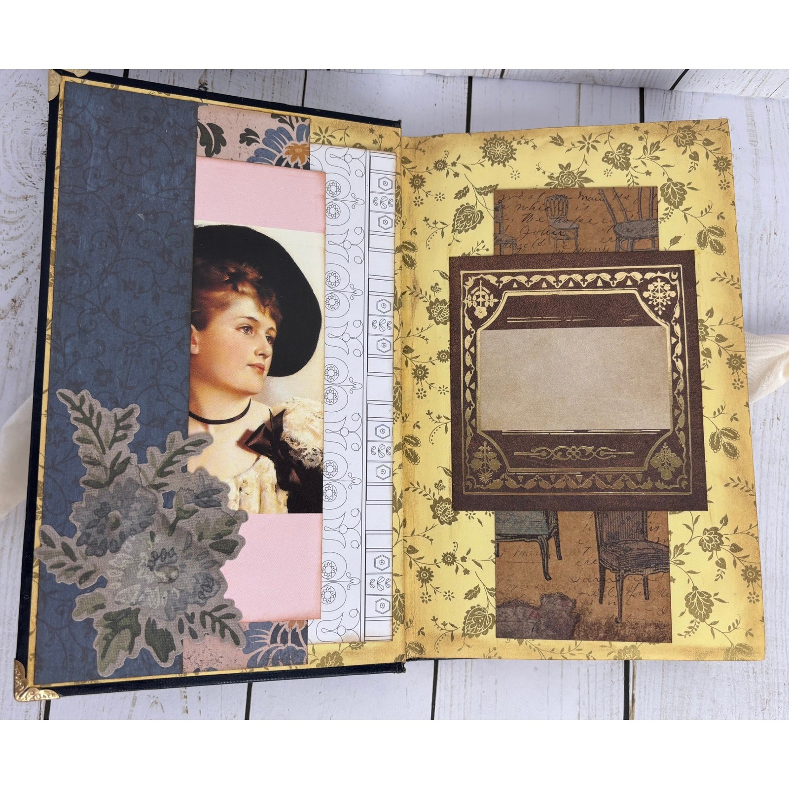 Handmade Regency Victorian Junk Journal Blue Gold Velvet Ribbon Tie