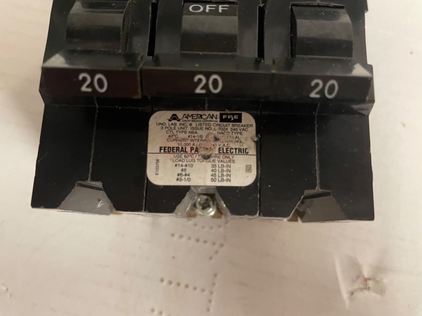 Federal Pacific Electric 3 Pole 20 Amp Type NBA Stab-Lok Circuit Breaker