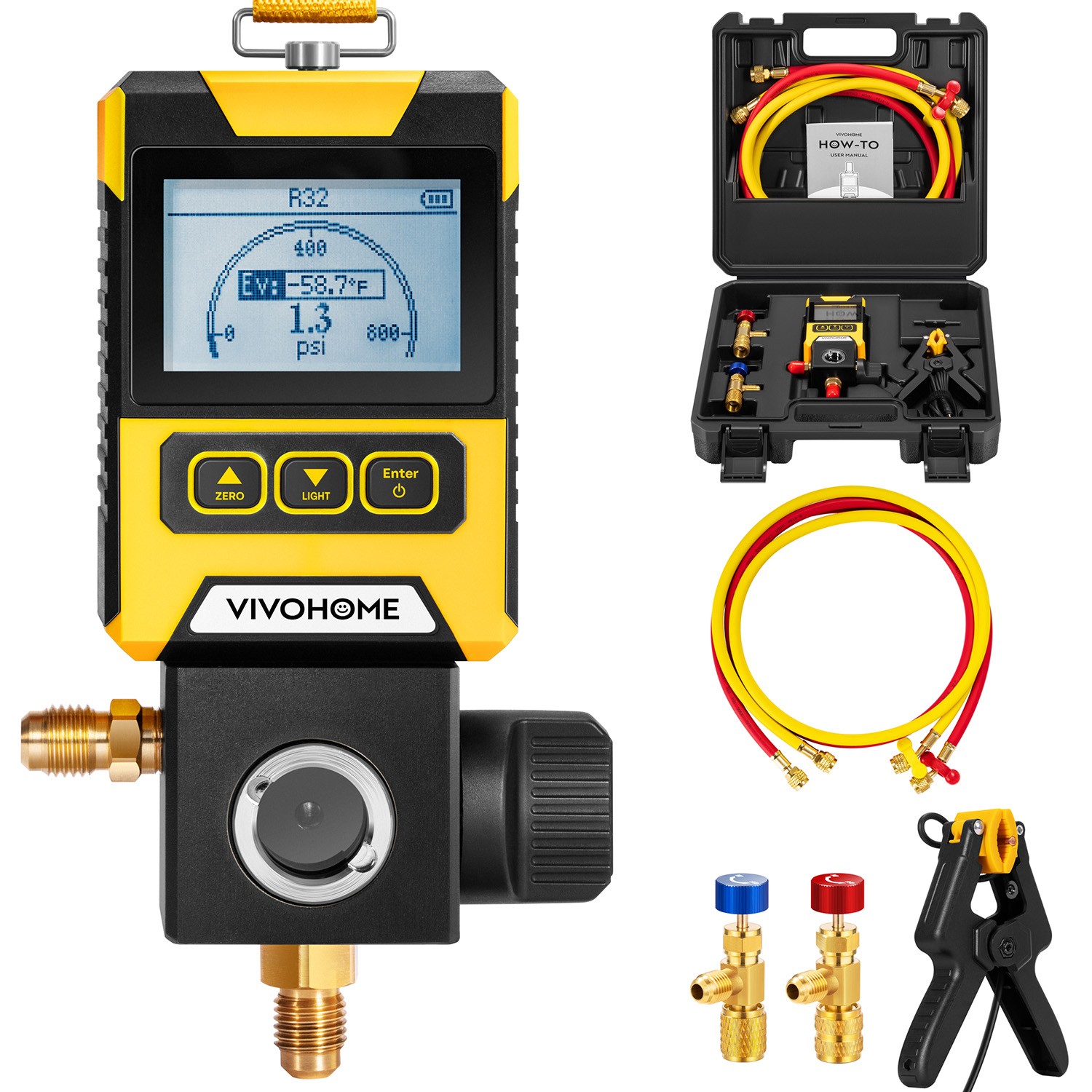 Digital Vacuum Pressure Manifold Gauge w/ Temp Clamp Hoses AC R134a R410a R1234y