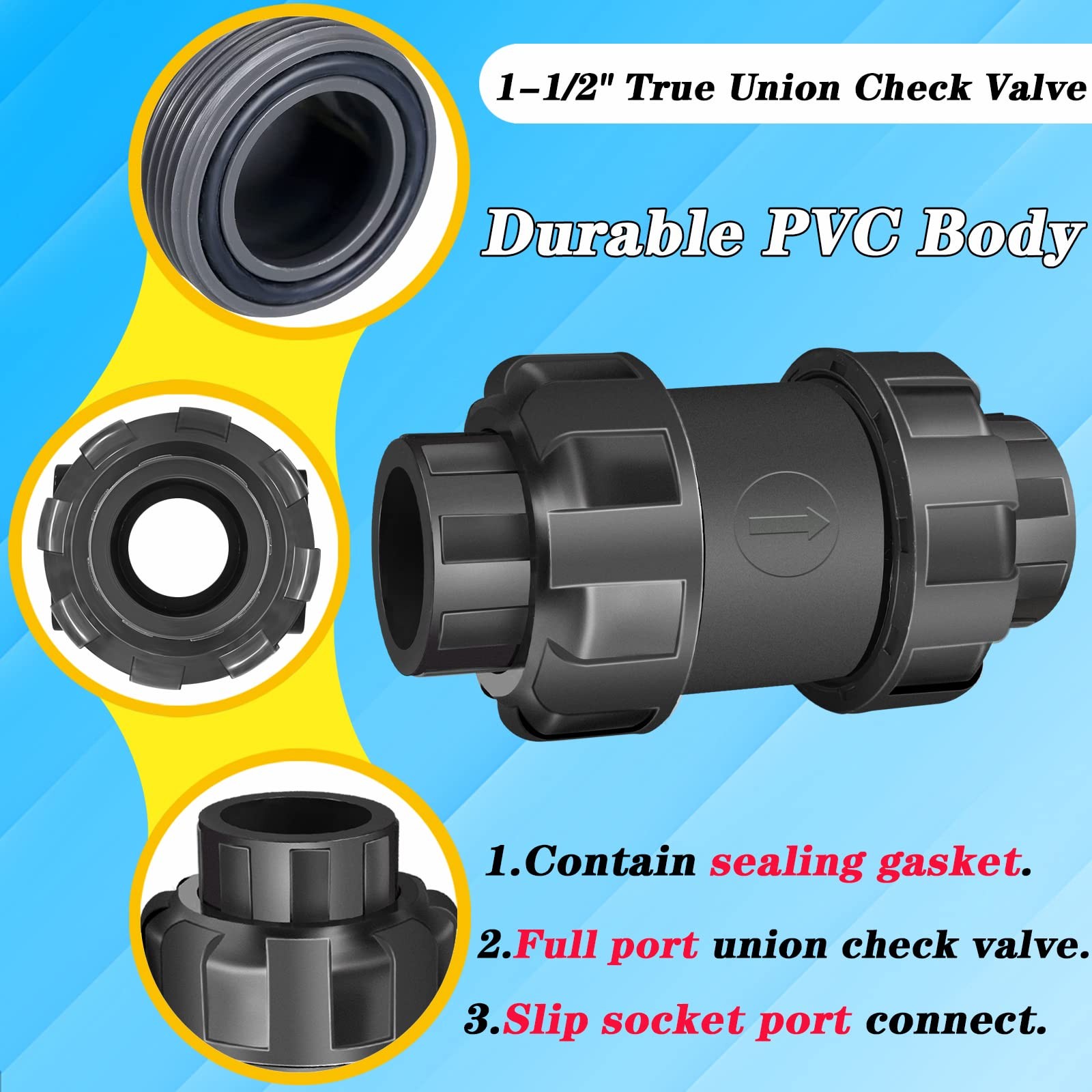 FANOVO 1-1/2 inch PVC Spring Union Check Valve with Slip Socket