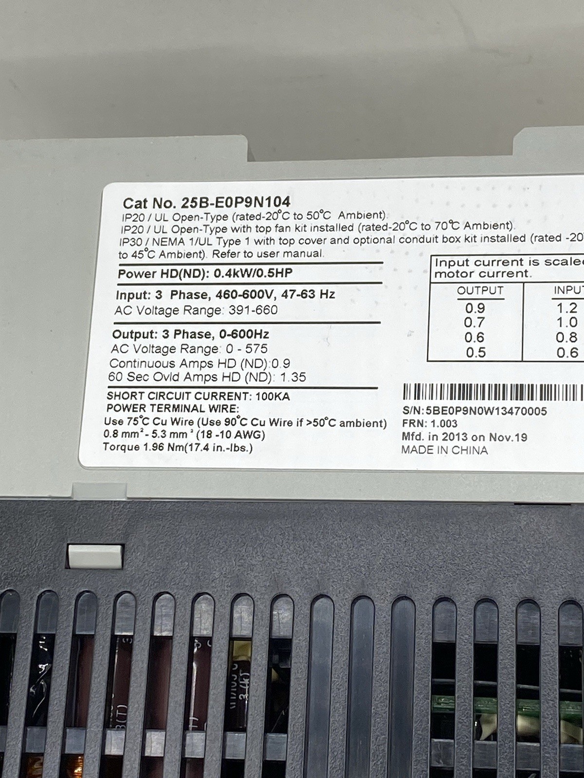 Allen Bradley 25B-E0P9N104 Powerflex 525 AC Drive 600VAC 0.4kW/0.5HP A