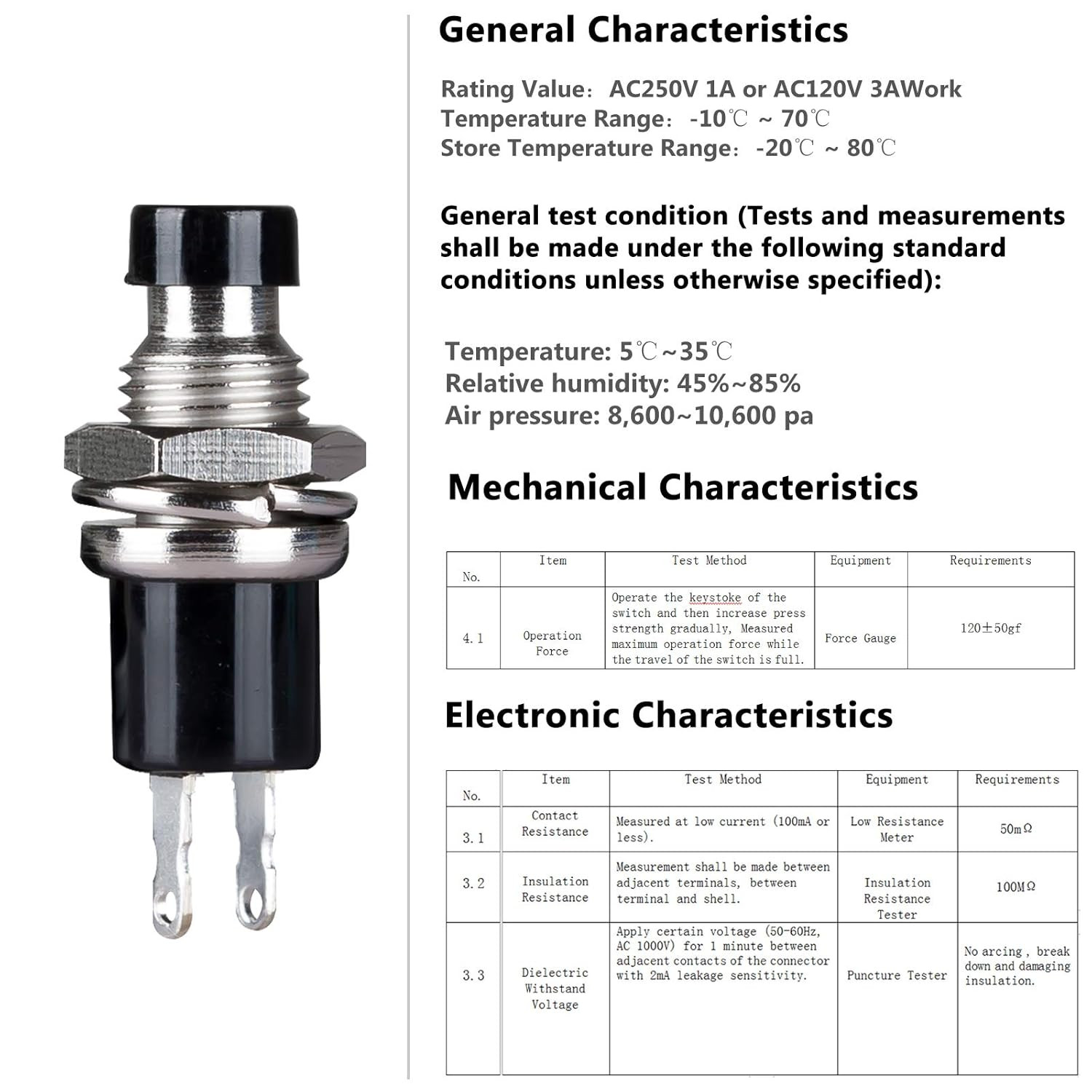 Momentary Push Button Switch，SPST Normal Closed NC Switch 2 Pin Mini Micro 1A 25