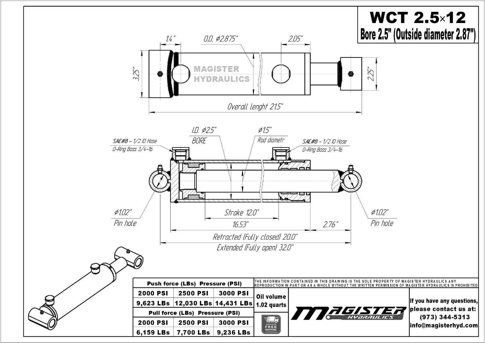 Hydraulic Cylinder Welded Double Acting 2.5″ Bore 12″ Stroke Cross Tube 2.5×12