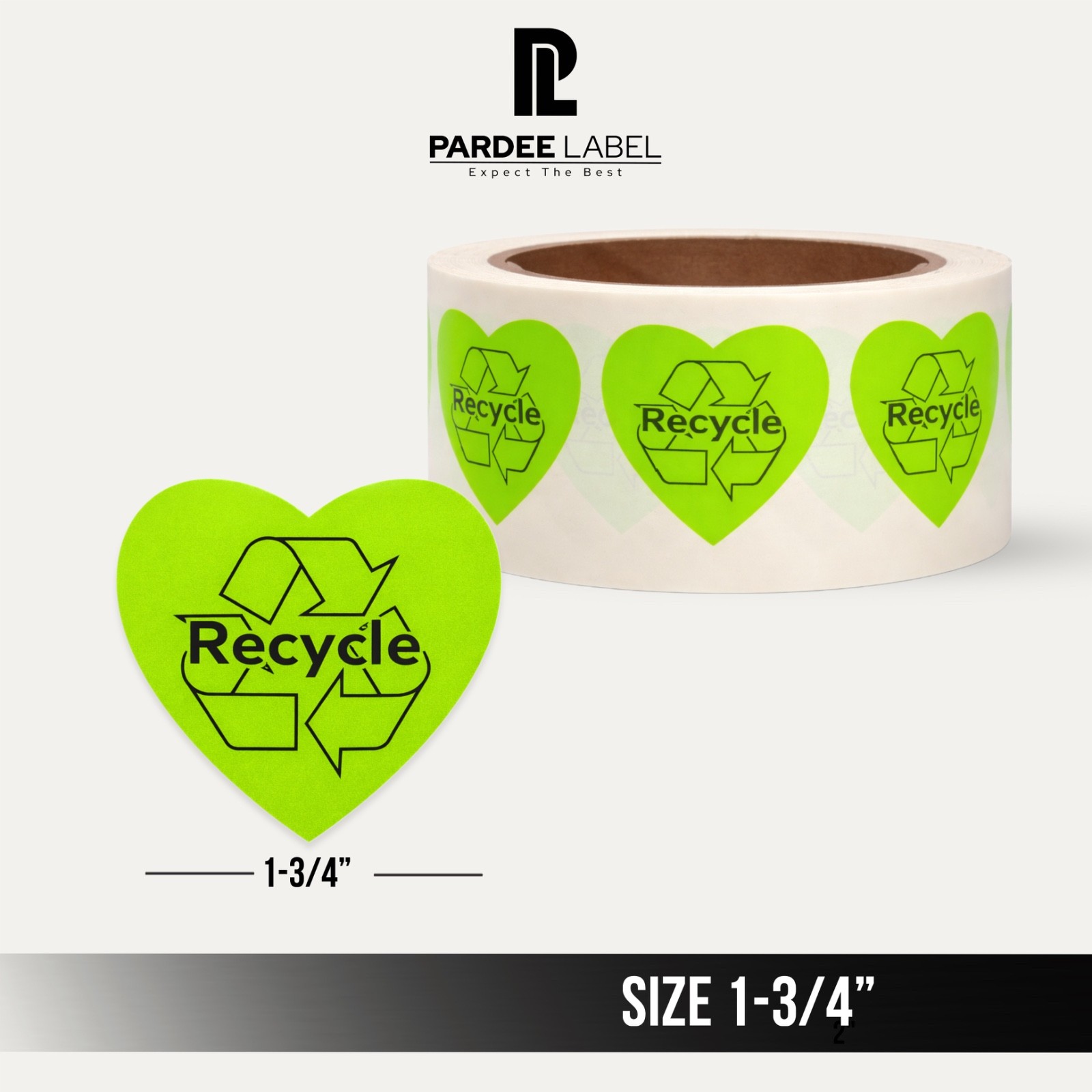 Heart Recycle Stickers Neon Green 1-3/4” 250 Labels per Roll