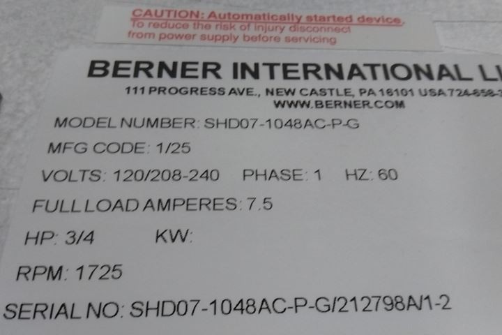 Berner SHD07-1048AC-P-G 3/4 HP 1882 Max CFM 120/208-240VAC Air Curtain