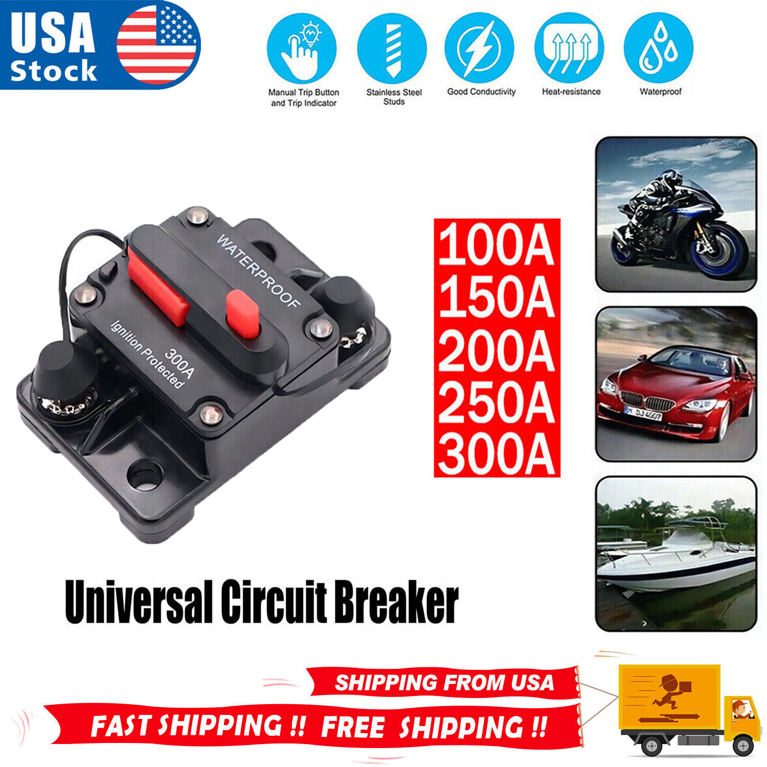 Waterproof Car Circuit Breaker Fuse Reset 30-300 Amp 12V-24V DC Car Boat Auto