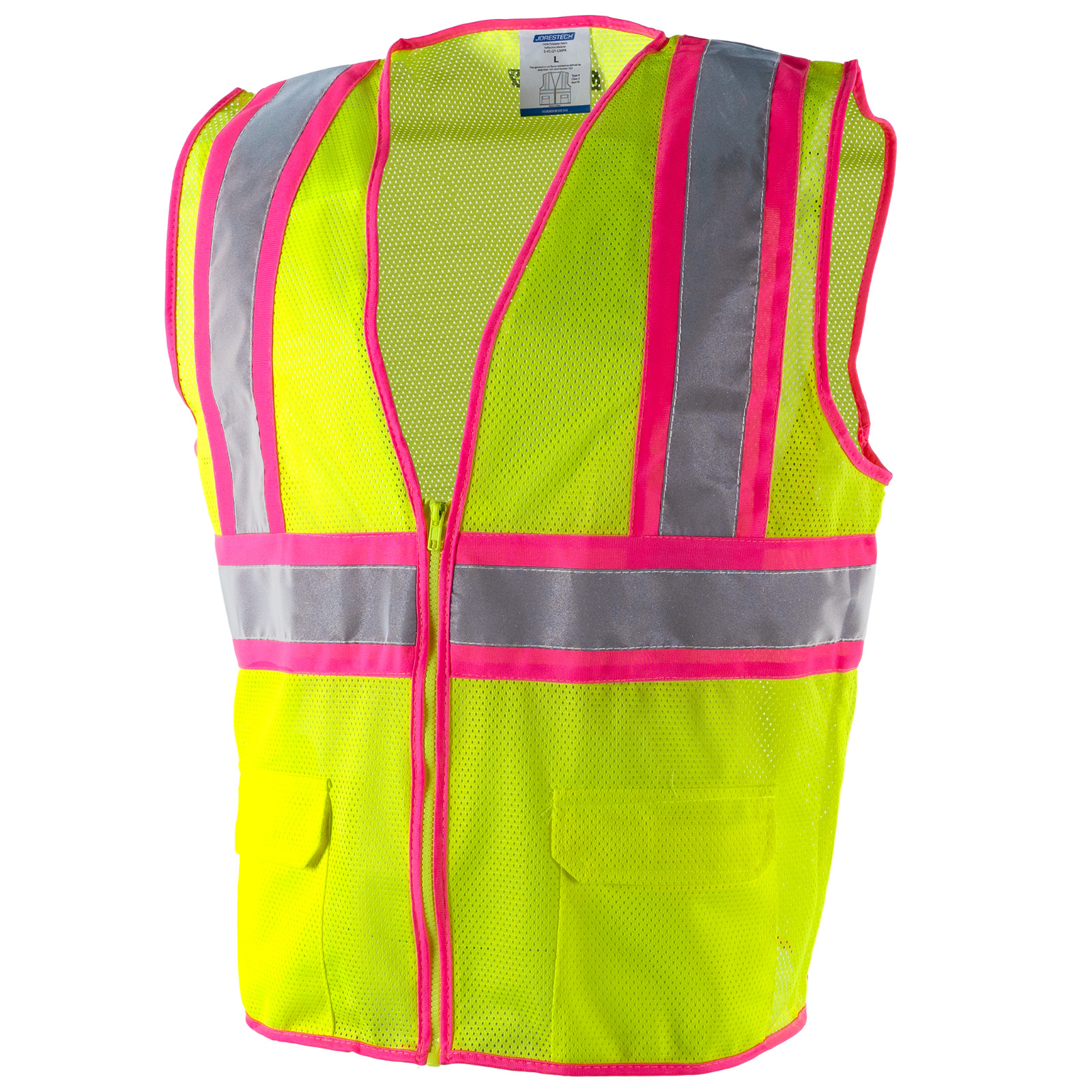 Class 2 Reflective Two Tone Safety Vest Pockets, Lime/pink outline Jorestech