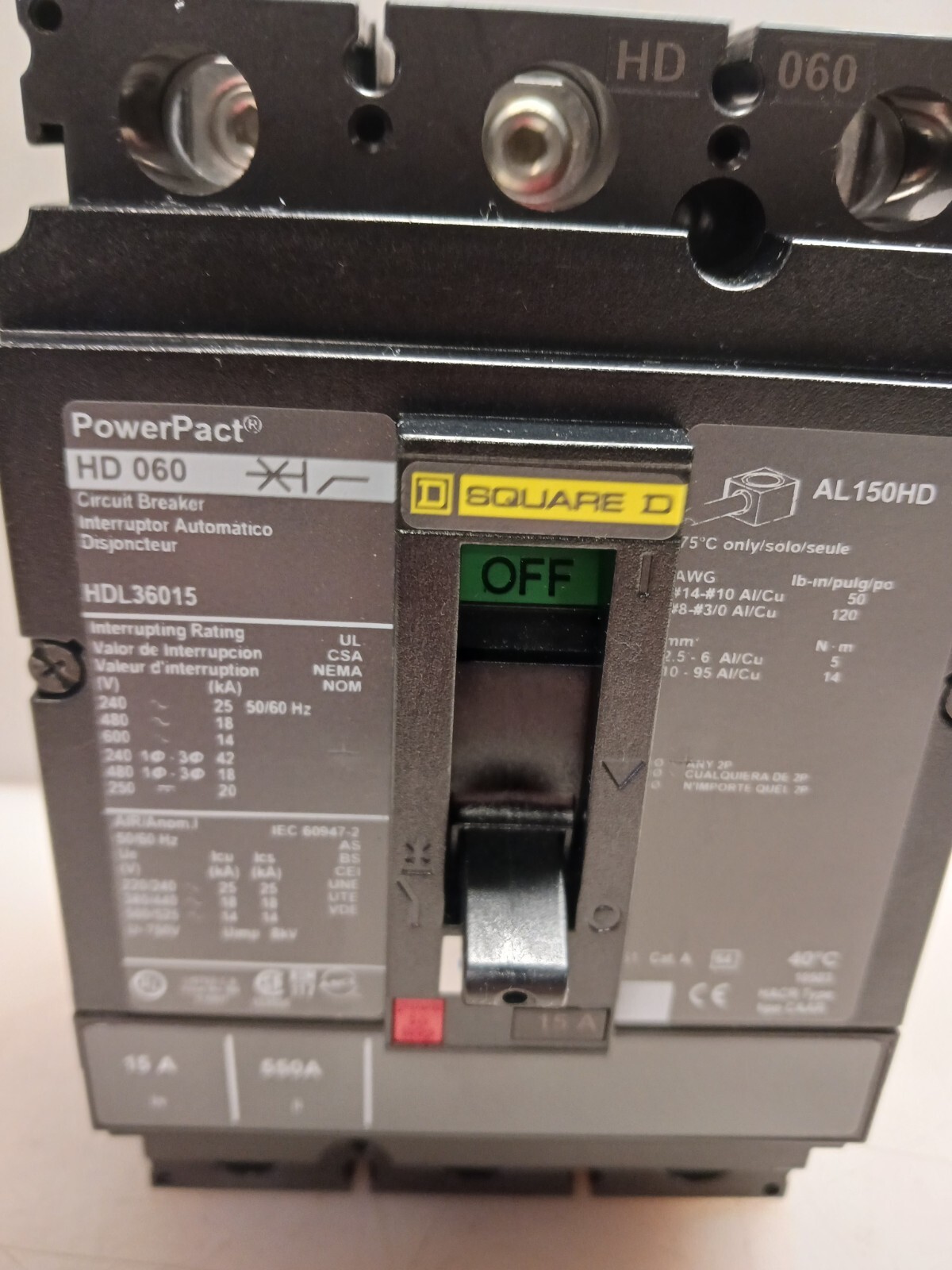 NEW SQUARE D HDL36015 POWERPACT CIRCUIT BREAKER 15 AMP 3 POLE 600 VAC 18KA