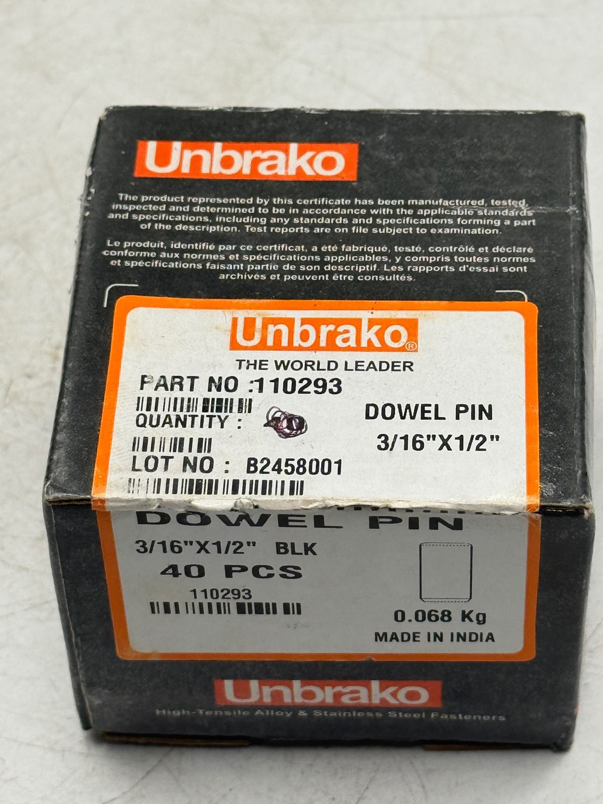 Unbrako Dowel Pin 3/16×1/2 Black Steel Part No 110293 B2458001 India-40PK