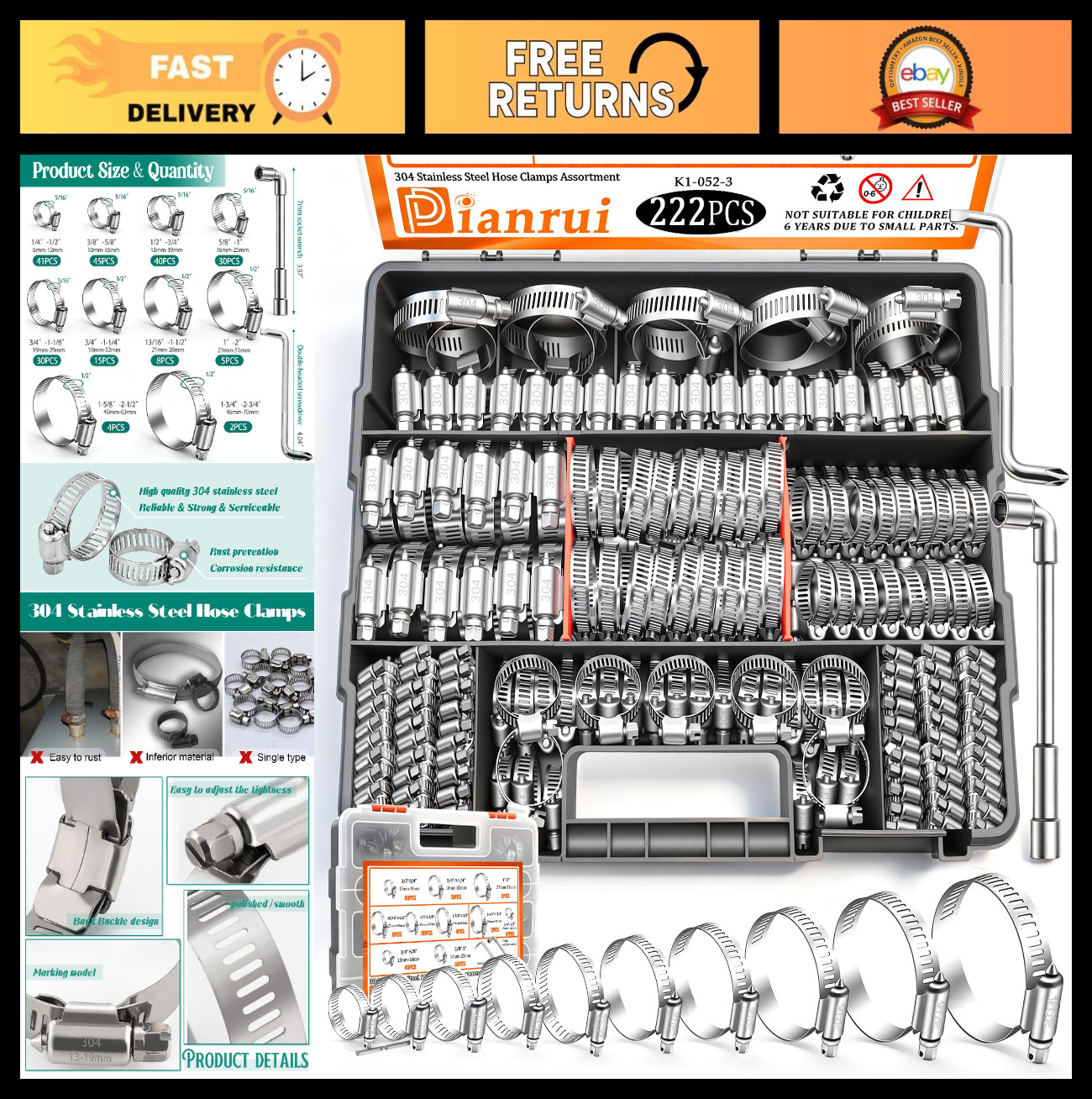 222 PCS Stainless Steel Hose Clamp Kit 1/4″-2-3/4″ Heavy Duty Worm Gear Clamps