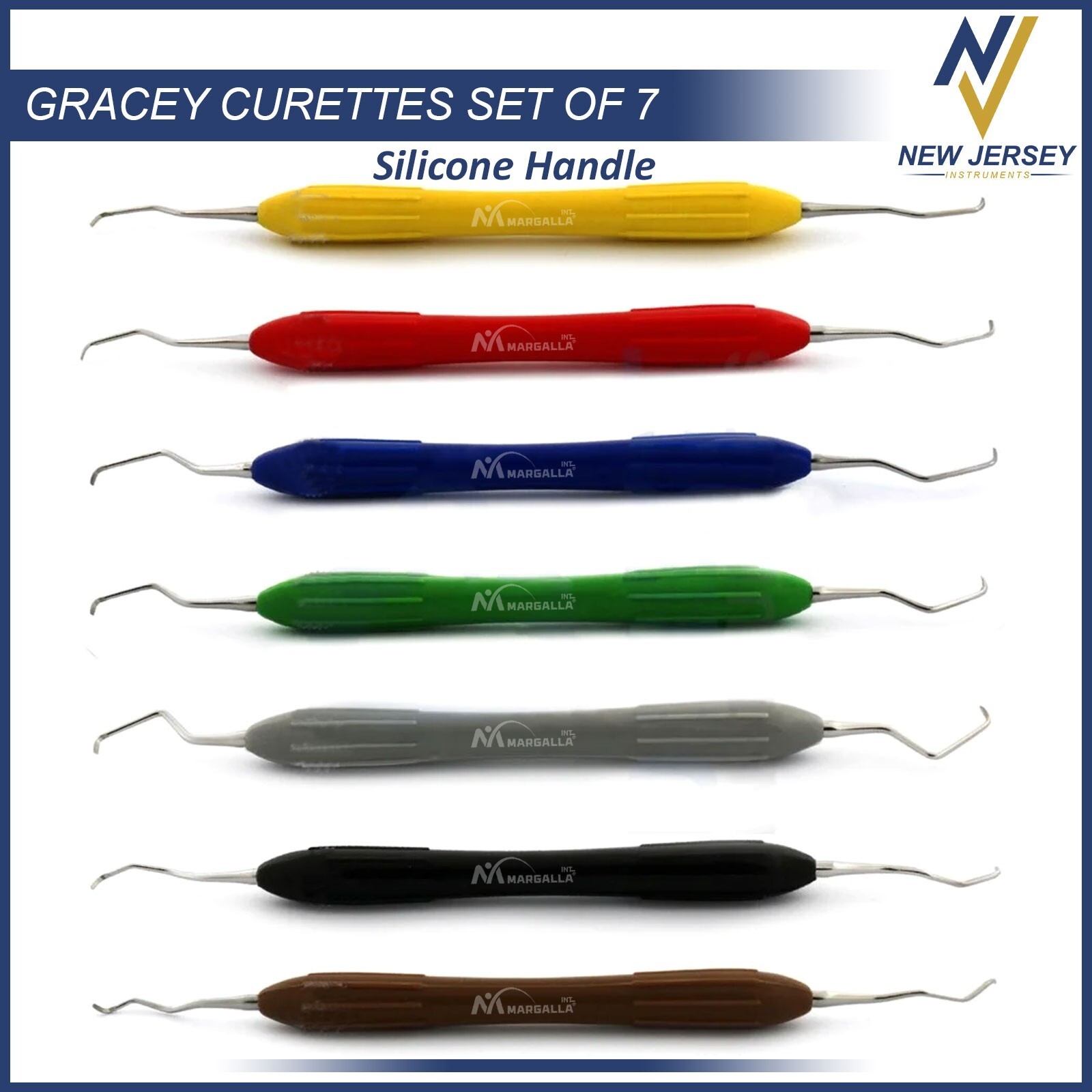 Dental Gracey Curettes Periodontal Root Scalers 7Pcs Silicone Coated Grip Handle