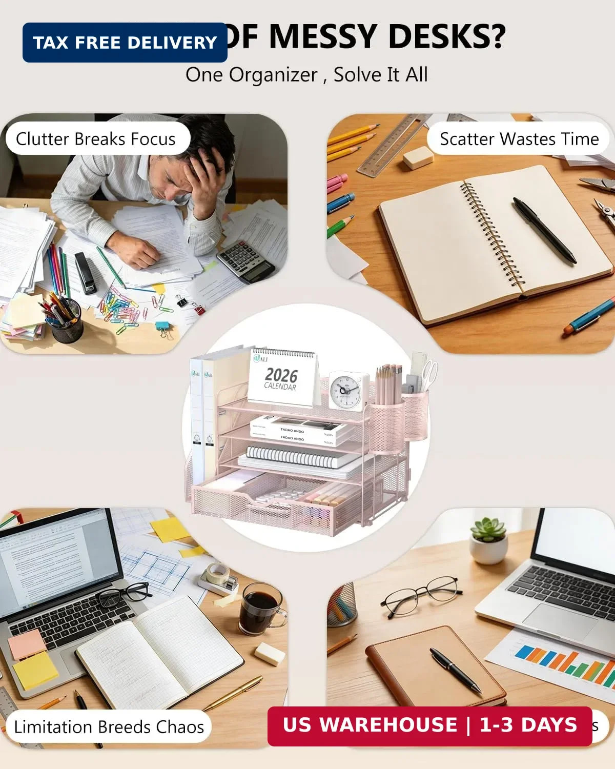 4 Tier Desktop File Organizer Letter Tray with Drawer Pen Holders Pink Office