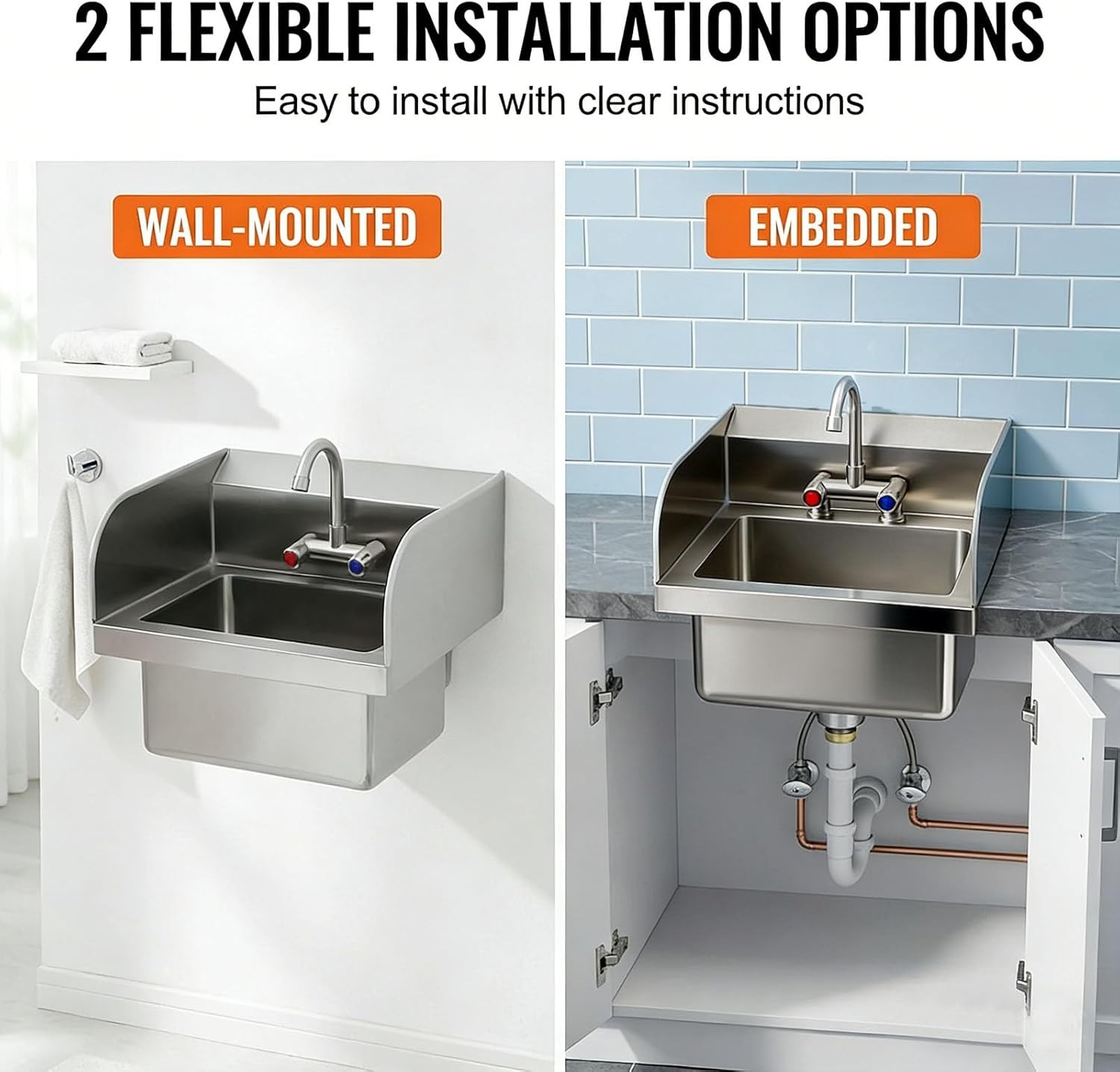 GRAVEE Stainless Steel Wall-Mounted Hand Sink with Faucet & Side Splash Basin