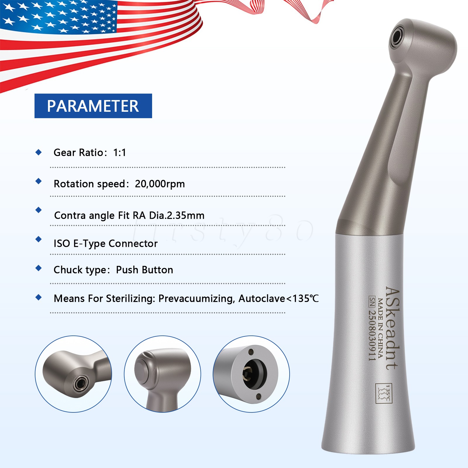 Dental 1:1 Low Speed Contra Angle Handpiece Implant For ø2.35mm Bur FX205 E-Type