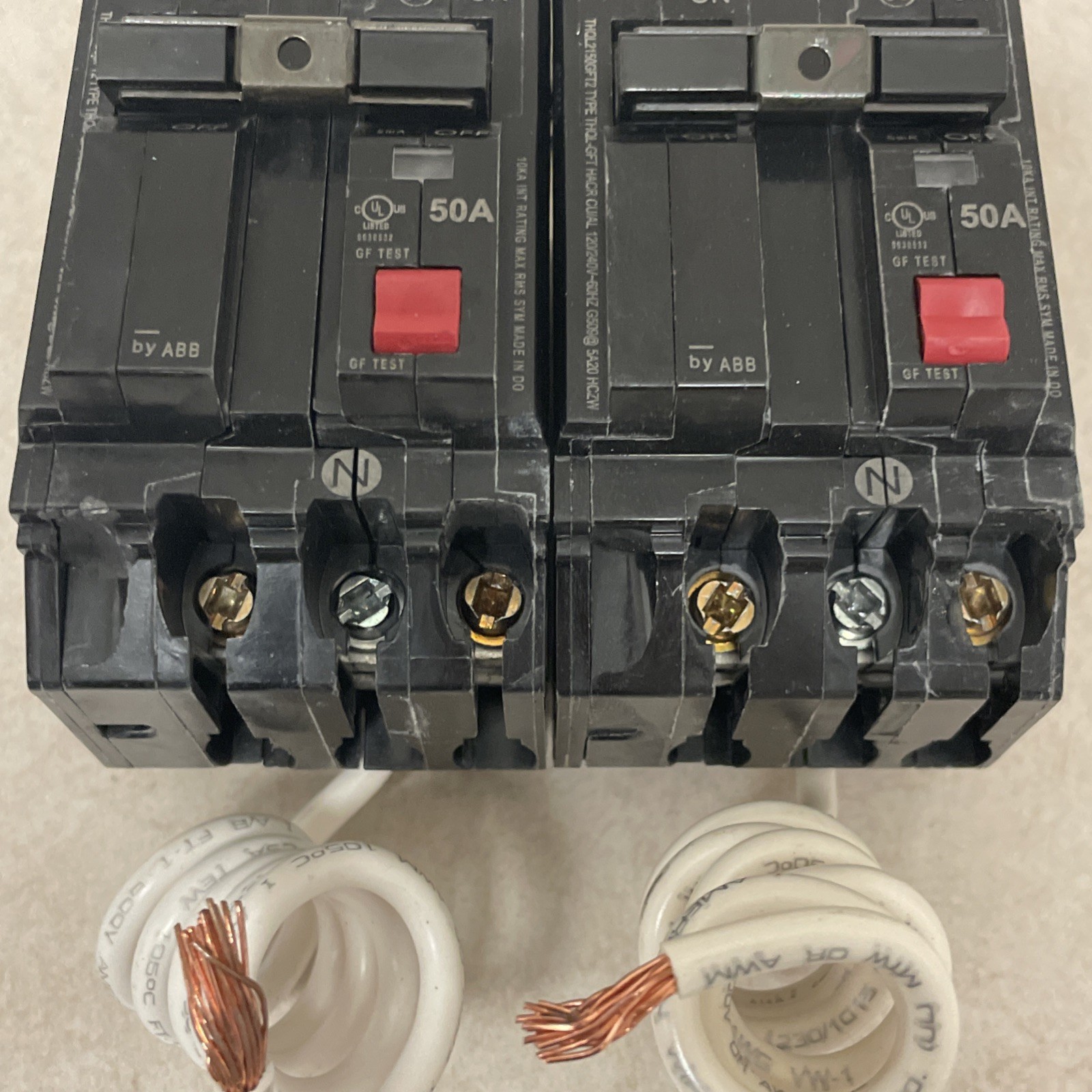 (2) GE Ground Fault Circuit Breaker THQL2150GFT2P 50A Double Pole 120/240 VAC