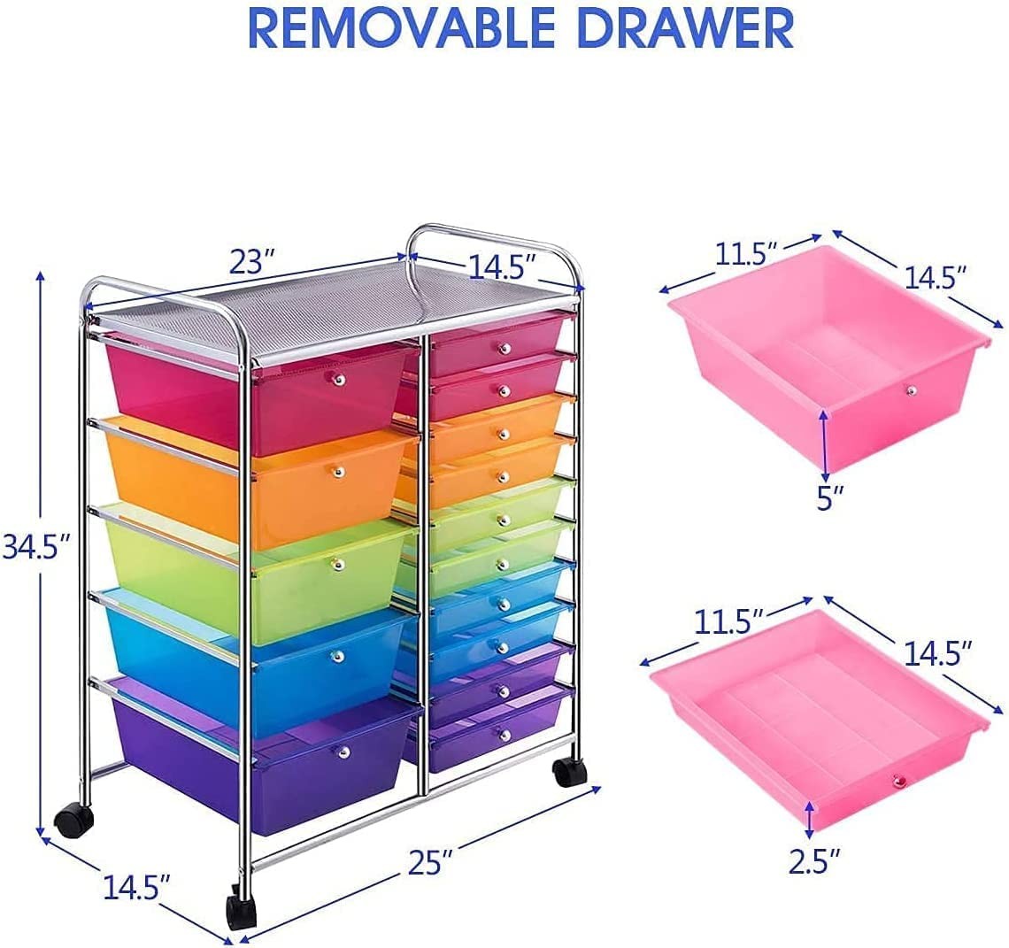 COSTWAY 15 Drawer Rolling Storage Cart, Mobile Utility Cart with Rainbow