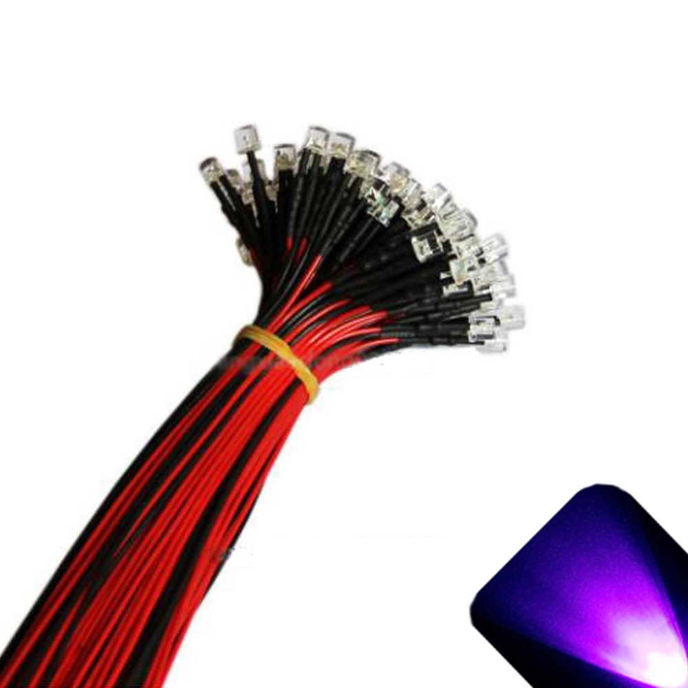 5 x 12v 5mm Flat Top Pre Wired UV Purple LED Wide Angle 13v 14v 15v Prewired