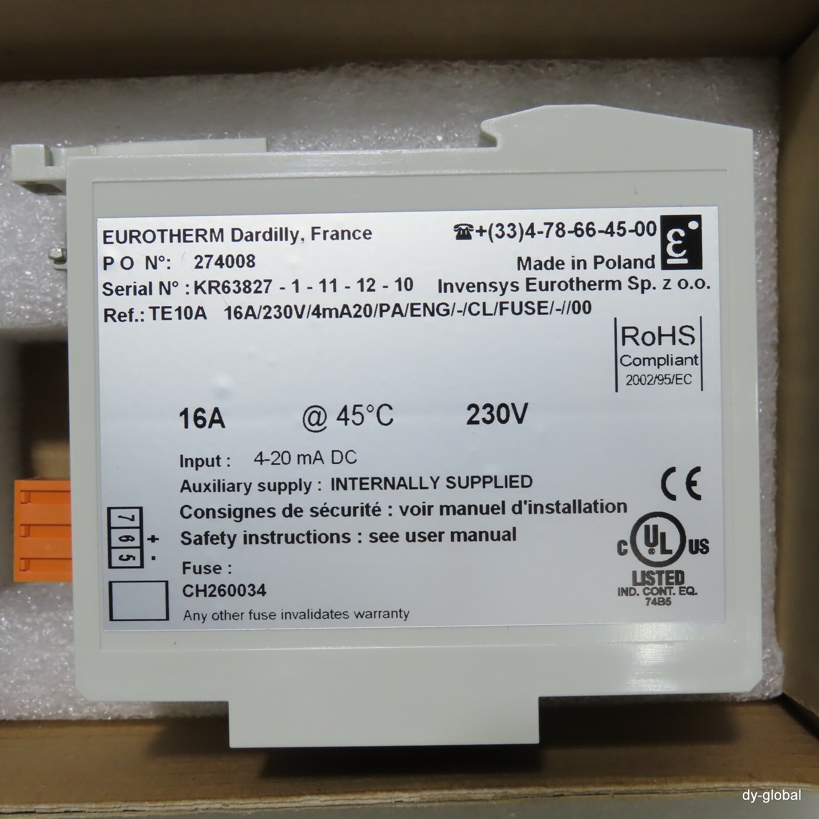EUROTHERM NIB Ref:TE10A 16A/230V/4mA20/PA/ENG PON:274008 ELEC-I-1720=9C21