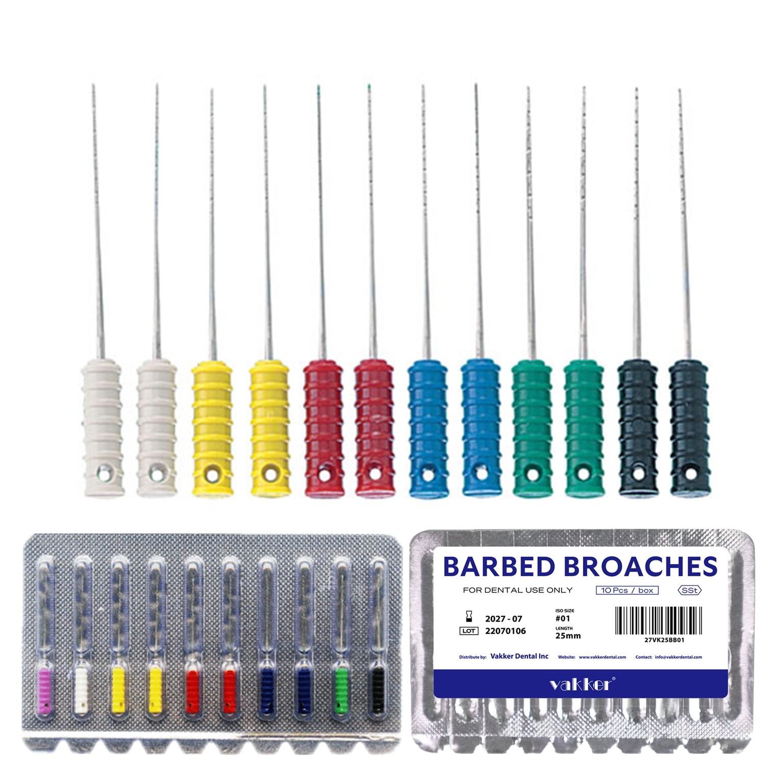 10/Pk Dental Endo Barbed Broaches Nerve Broach Files for Root Canal Color-Coded