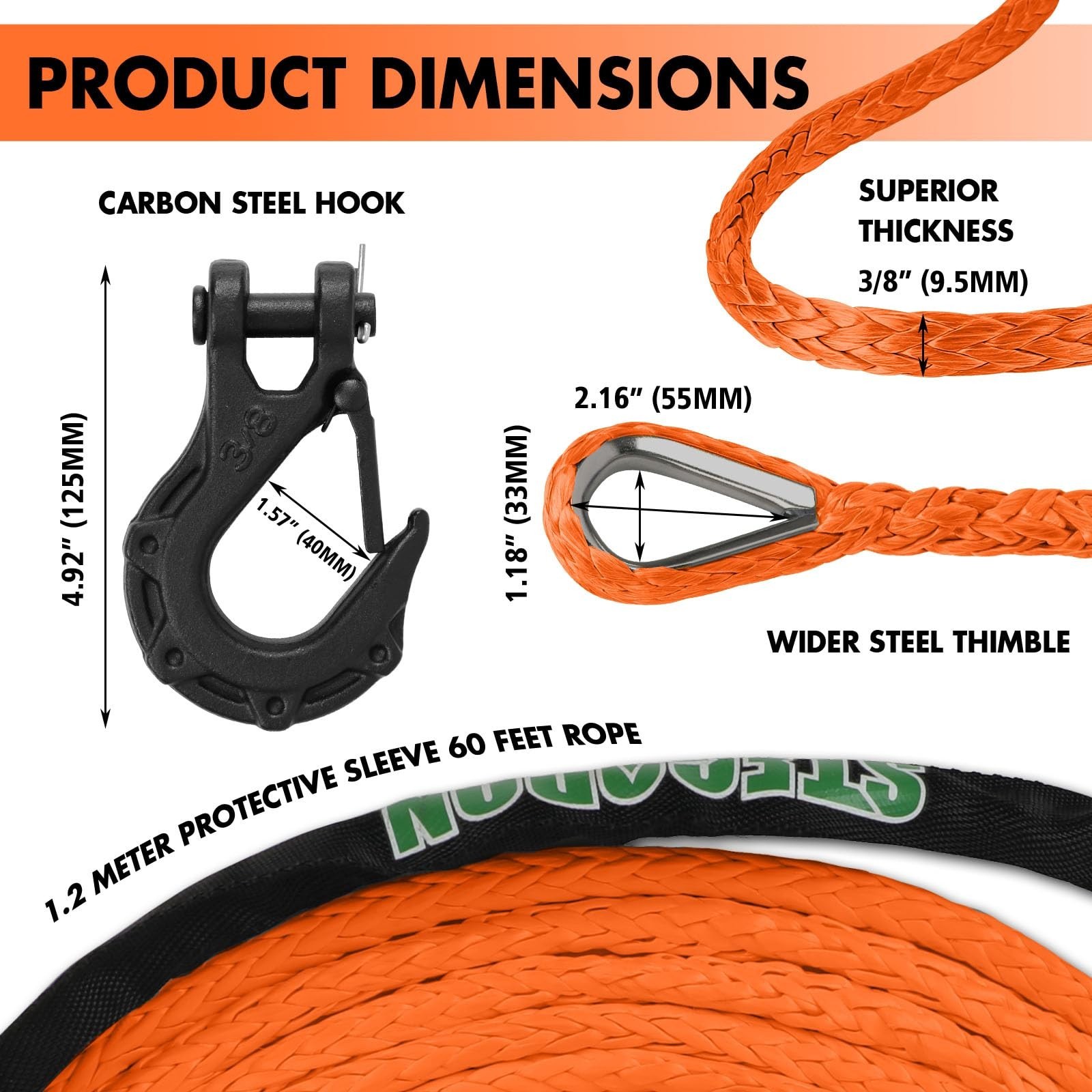 3/8″ x 60ft Synthetic Winch Rope 19,854lbs Dyneema Winch Cable Line with Hook…